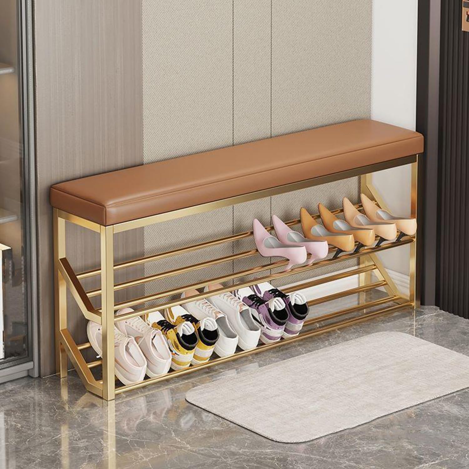 MSHGSKU 20cm Narrow Shoe Bench with Cushions Two-Layer Shoe Storage Rack for Entryway & Living Room Stylish Shoe Changing Stool Space-Saving Design Brown 80cm Width