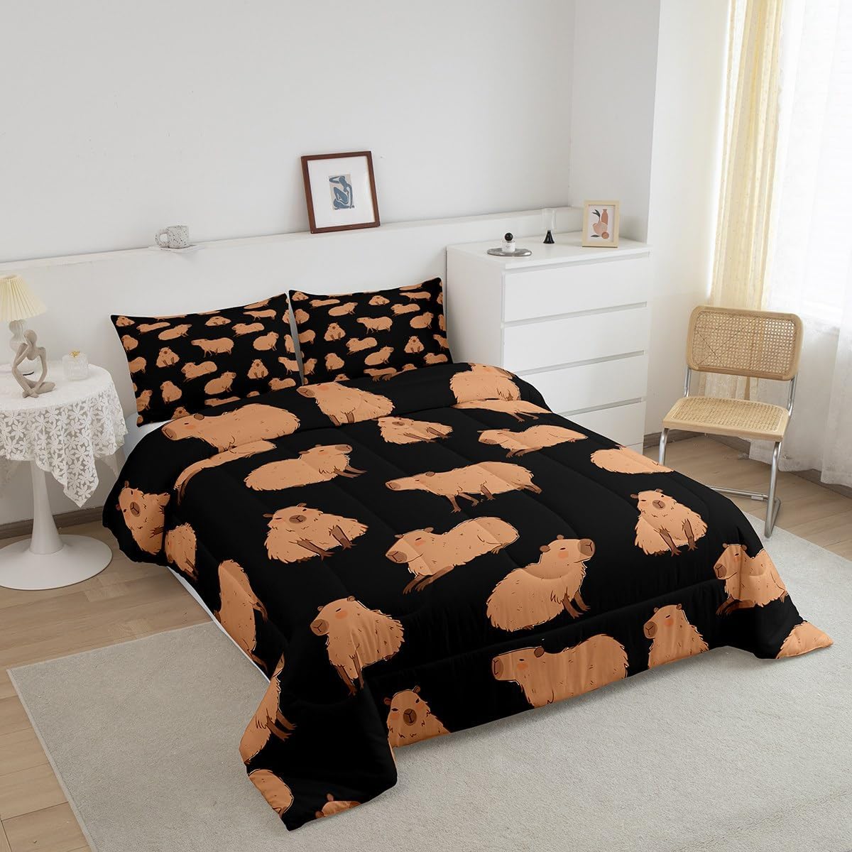 Feelyou Cute Capybara Comforter Set Full Size with 1 Pillow Case Cartoon Capybara Print Bedding Set Wildlife Decor Comforter Black Quilted Duvet Set for Kids Adults Boys