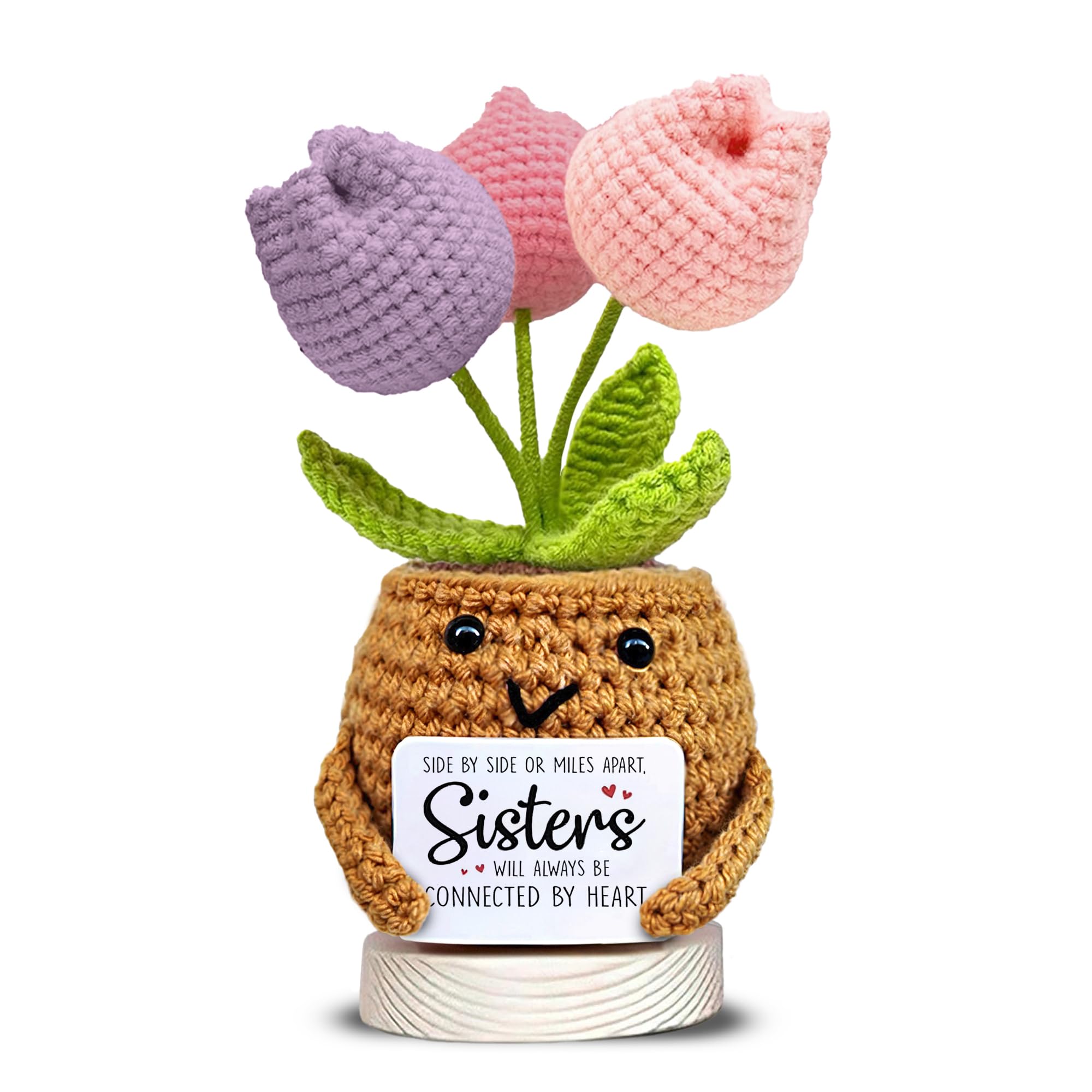 VELENTI Crochet Sunflower Sister Gift – Handmade Flower Pot Plush with “Connected by Heart” Message, Long Distance Sister Gift, Cute Sister Birthday Present, Sentimental Keepsake Décor