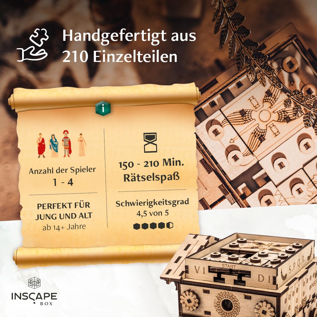INSCAPE Caesar´s Riches - Rätselbox Holz - Puzzle Box - Escape Room Spiel Erwachsene und Kinder - Knobelspiele für Erwachsene - 3D Holzpuzzle - Cluebox - Denkspiele | Schweres Knobelspiel Aus Holz - Knifflige Mechanismen Für Erwachsene - Geburtstagsgesche