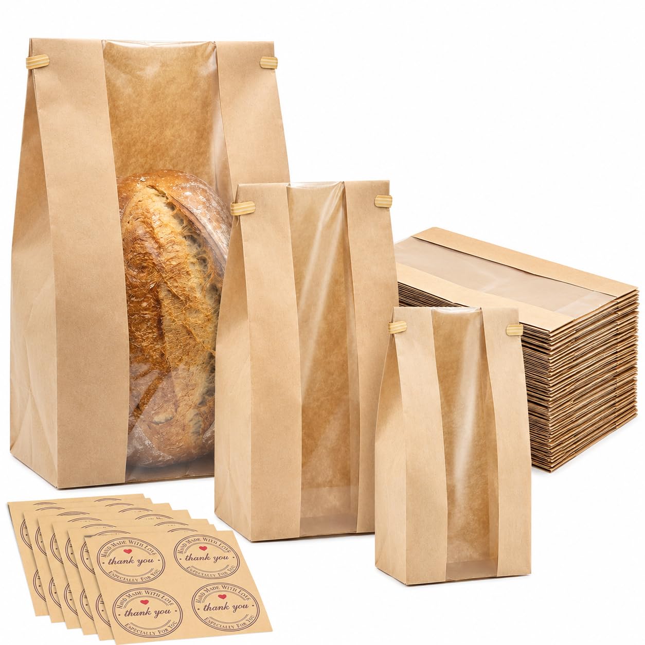 100 Pack Kraft Paper Bread Bags with Clear Window & Stickers, 3 Sizes