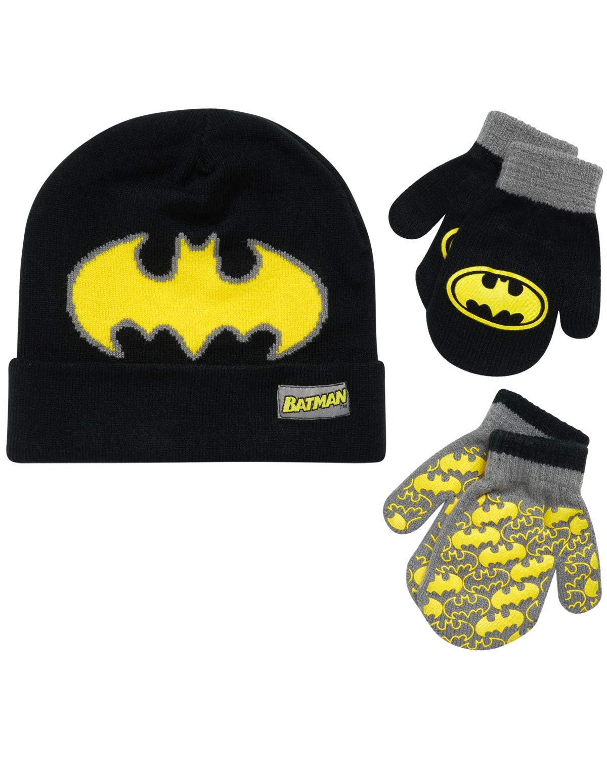 Boys Batman Winter Hat 2 Pair Gloves or Mittens Set (Toddler/Little Boys), Reversible Batman Mitten, Age 2-4