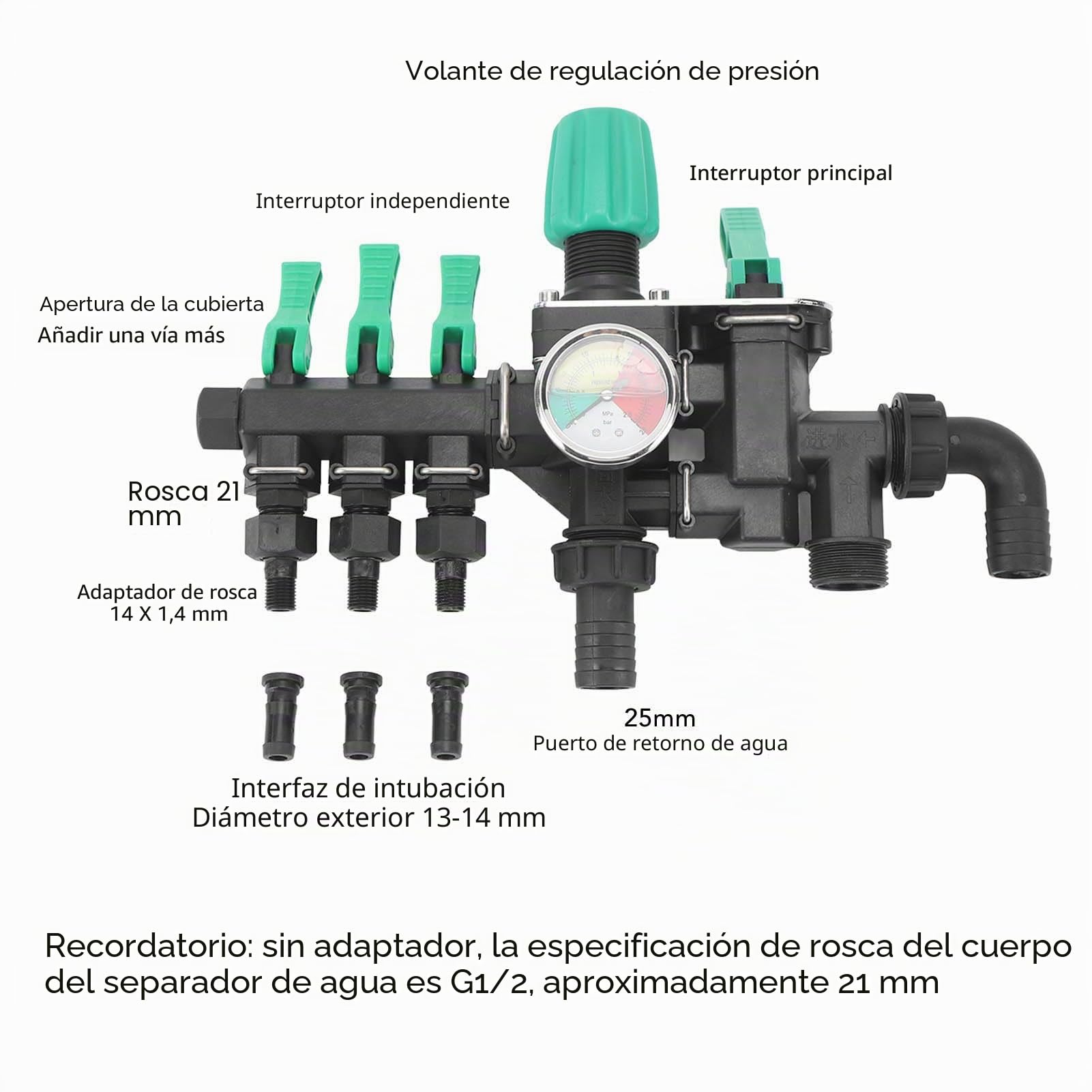 Divisor de Pulverizador Agrícola con Válvula de Cierre, Manómetro de 3 Vías para Jardín, Ganadería, Acuicultura