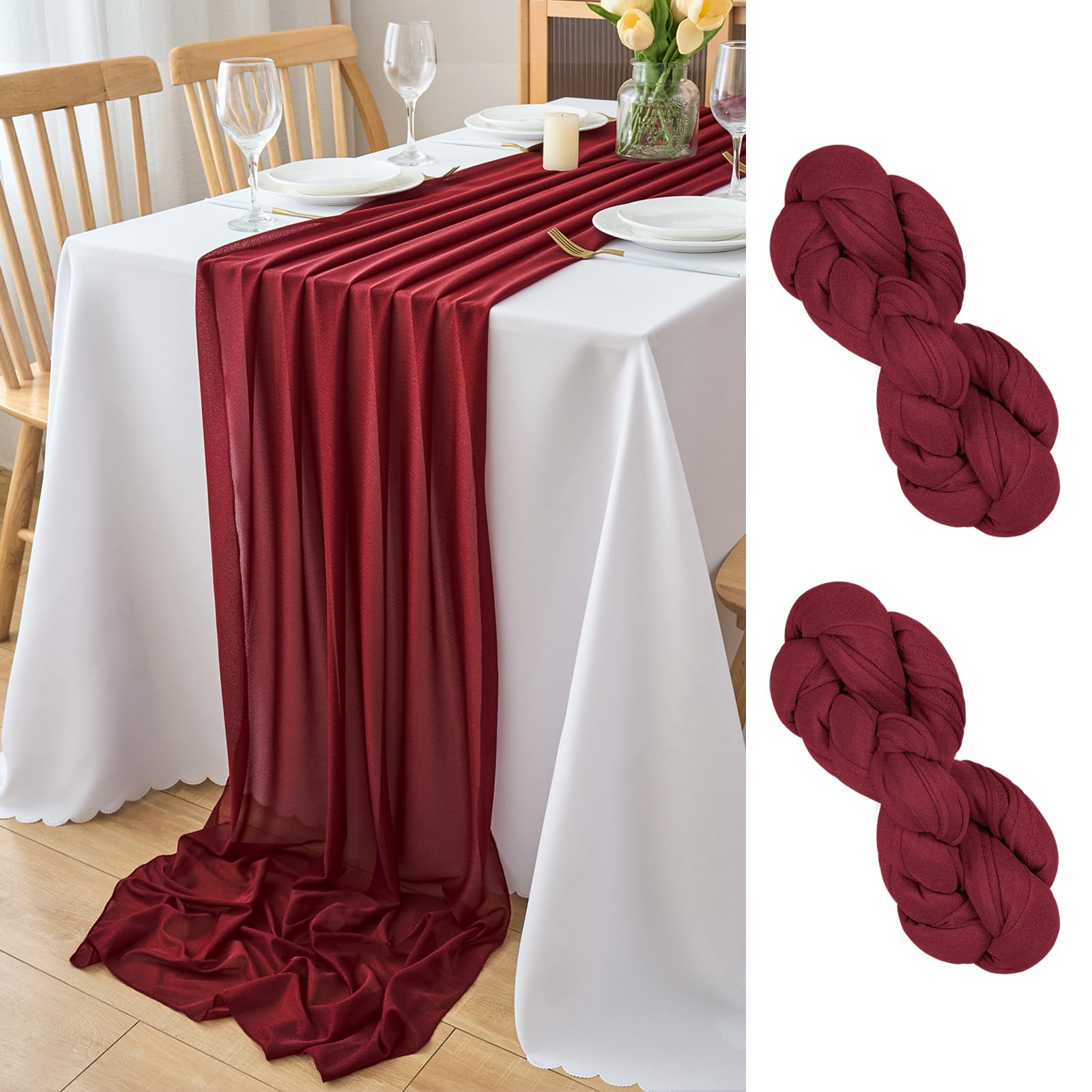 DecorMommt 2 Piezas Camino de Mesa Bodas de Gasa Color Burdeos, Caminos de Mesa Rojo,Tapete Mesa Comedor, Camino Mesa para Boda Cumpleaños Fiesta Centro de Mesa Bodas, 77 X 300 cm