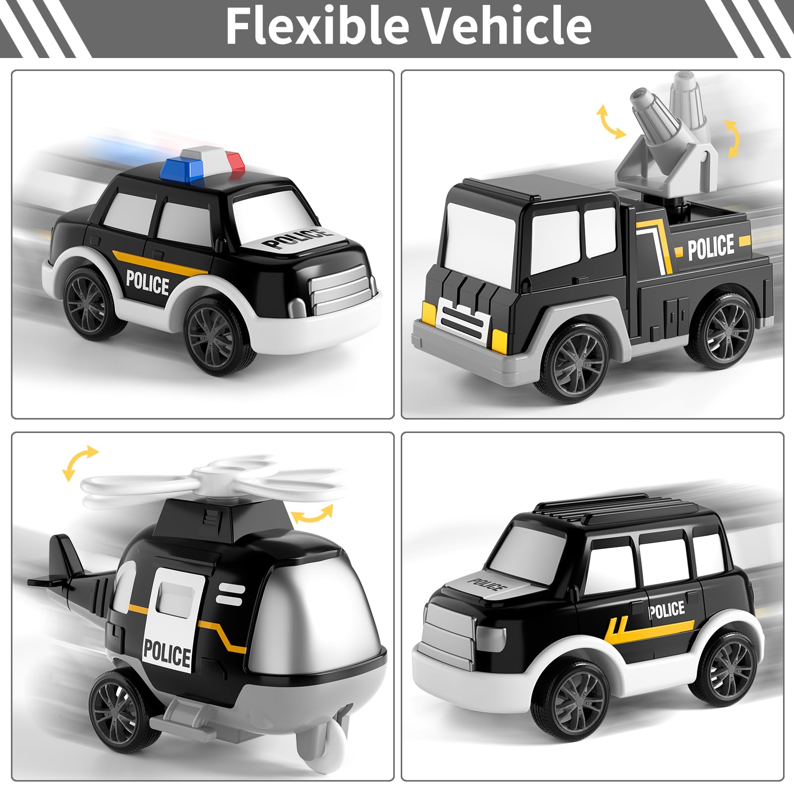 Camión de policía 5 en 1 para niños de 1, 2, 3, 4, 5 años, vehículos de rescate de policía, autos, camiones, autobús, helicóptero para niños de 1 a 3 a 5 años, juguetes de coche para niños de 1 4