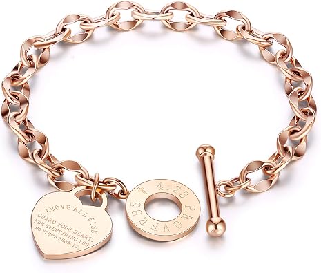 ALEXTINA Dainty Heart Charm Bracelets Stainless Steel Oval Link Chain Wristband Gift for Mom Women Toggle Clasp