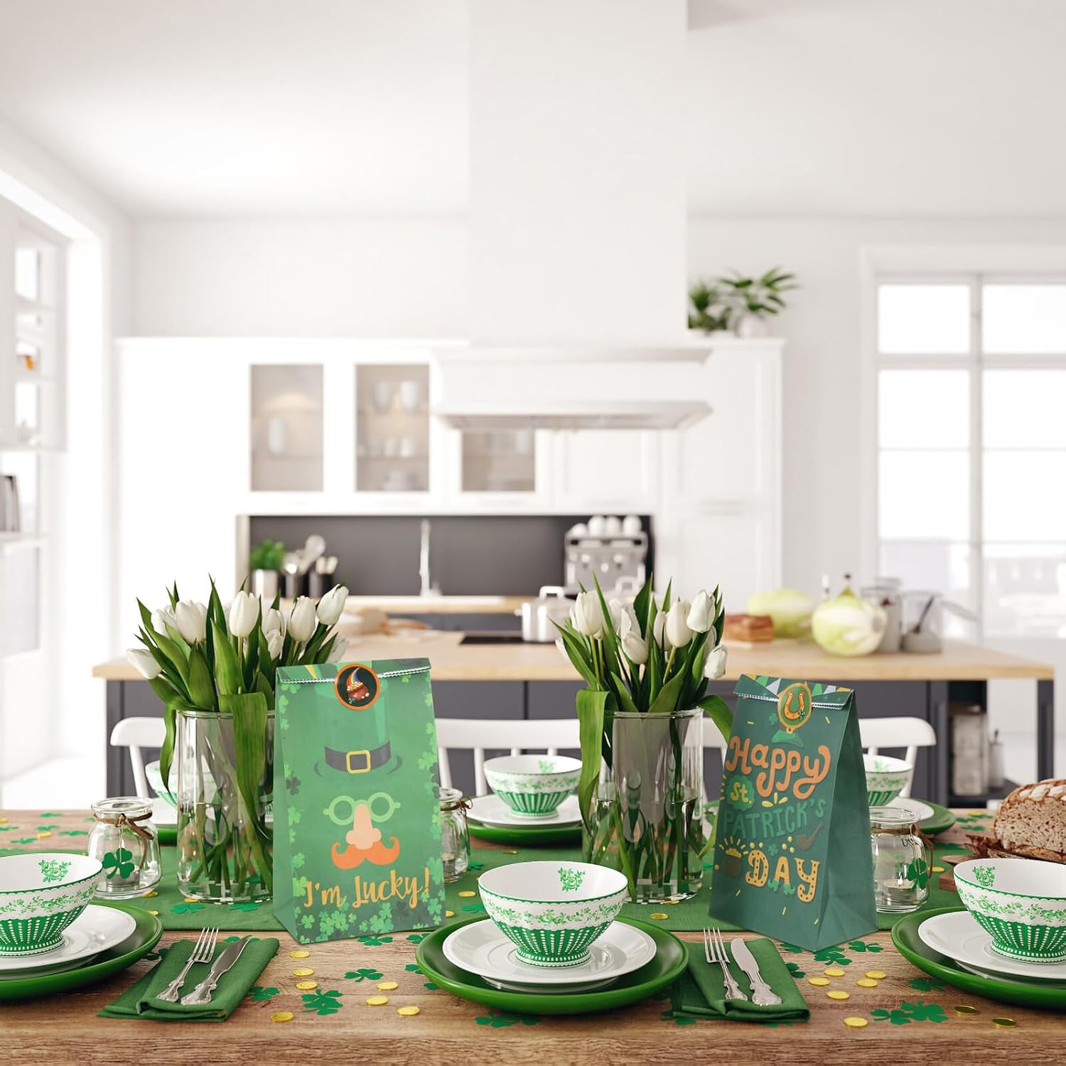 St Patrick's Day Candy Bags Set 12pcs with Seal Stickers, Portable Baking Wrapping Paper Bags for Party Treats and Packaging