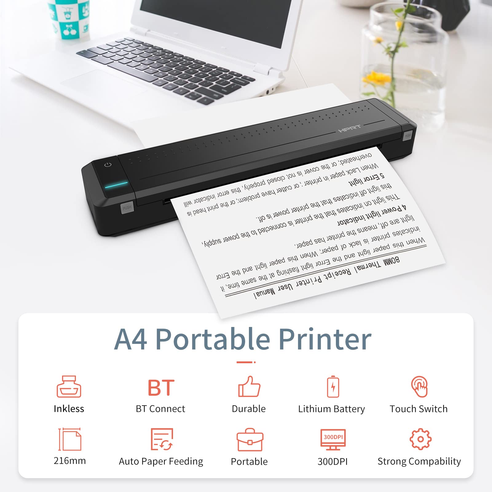 Irfora MT800Q A4 Impresora de Transferencia térmica portátil Inalámbrica y USB Conectar con computadora móvil para Oficina Escuela Coche Impresora de Viaje con 1 Rollo de Cinta Compatible con