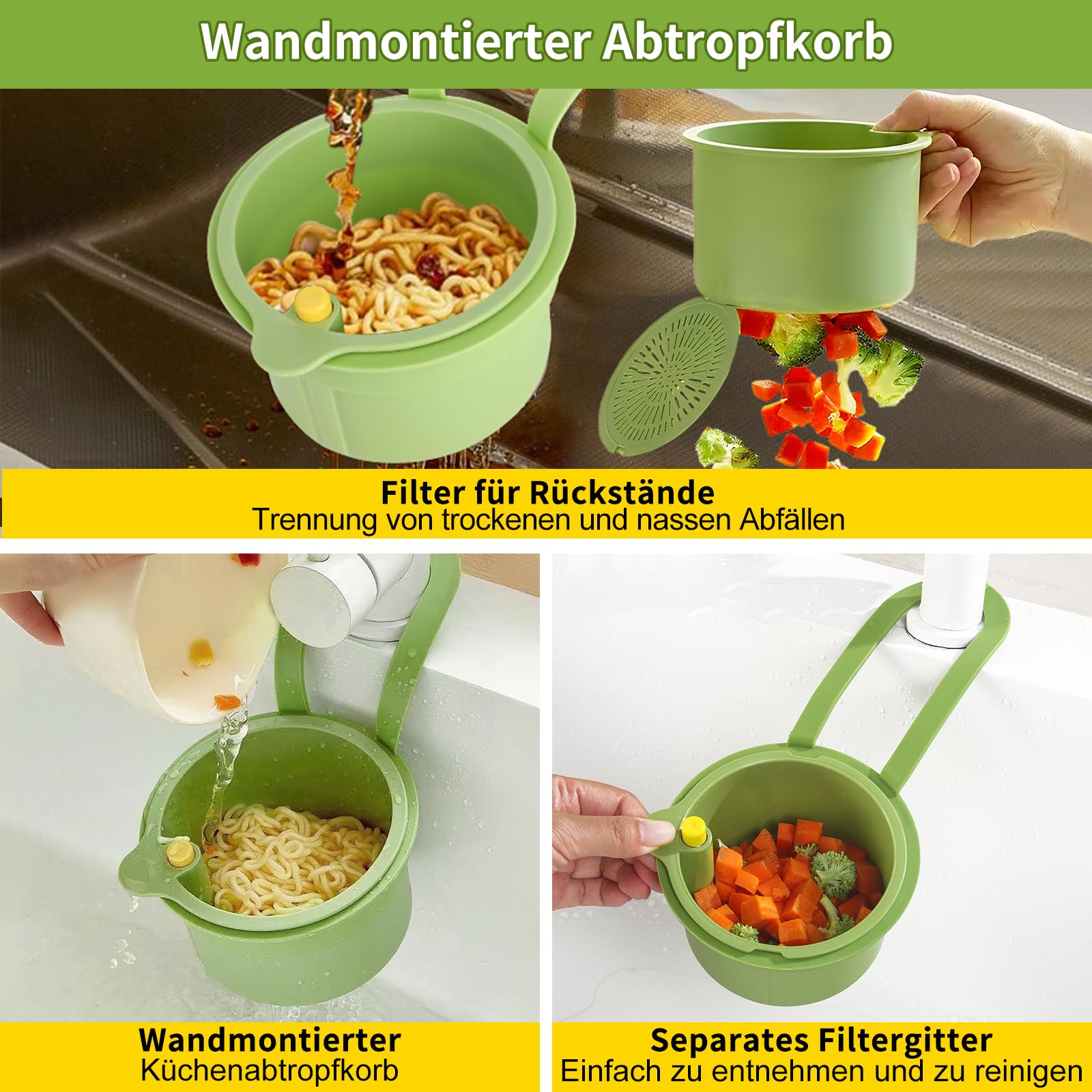 Zeef voor gootsteen, gootsteenzeef met drukknop om op te hangen, zonder je handen vuil