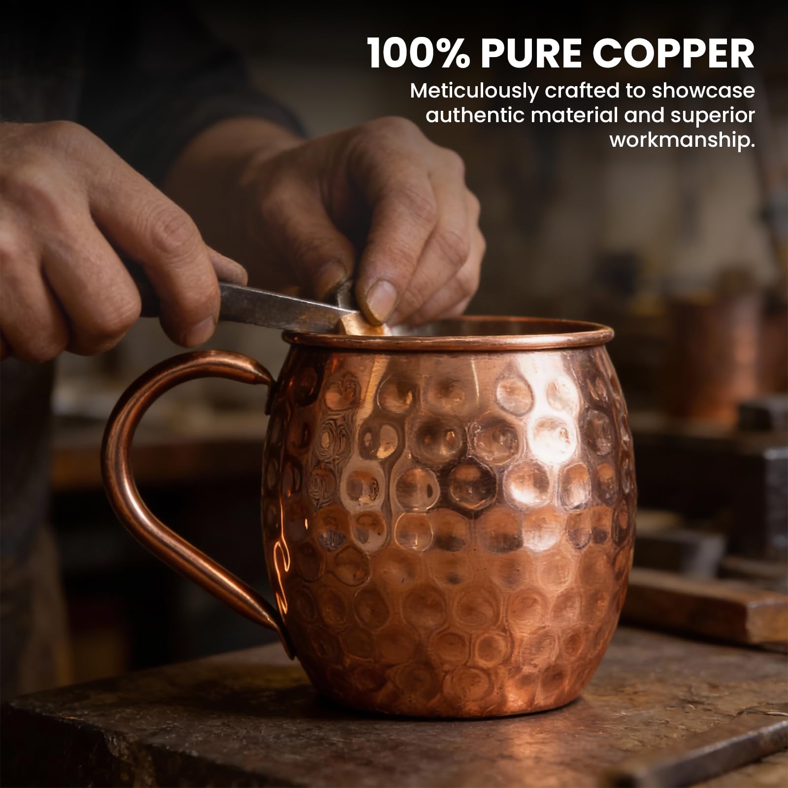Craft Trade Moscow Mule Kubki zestaw 4 sztuk, ręcznie wykonane, młotkowane miedziane kubki z 4 miedzianymi słomkami i dzbankiem, idealny kubek do zimnych napojów, piwa, wina, barów, imprez, prezentów