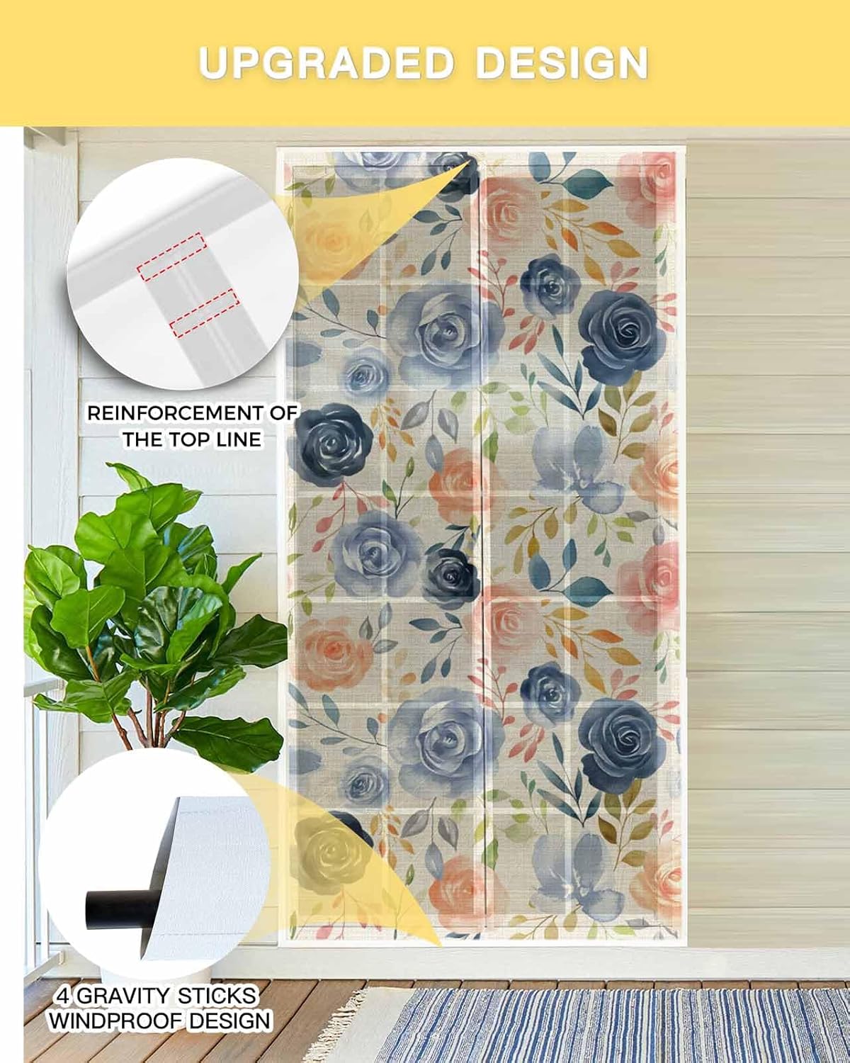 Colorful Flowers Magnetic Screen Door, Watercolor Retro Blue Pink Floral Hands Free Screens Mesh Size 38" x 83", Reinforce Heavy Duty Mesh Screen Doors for Patio/Front/Sliding Door