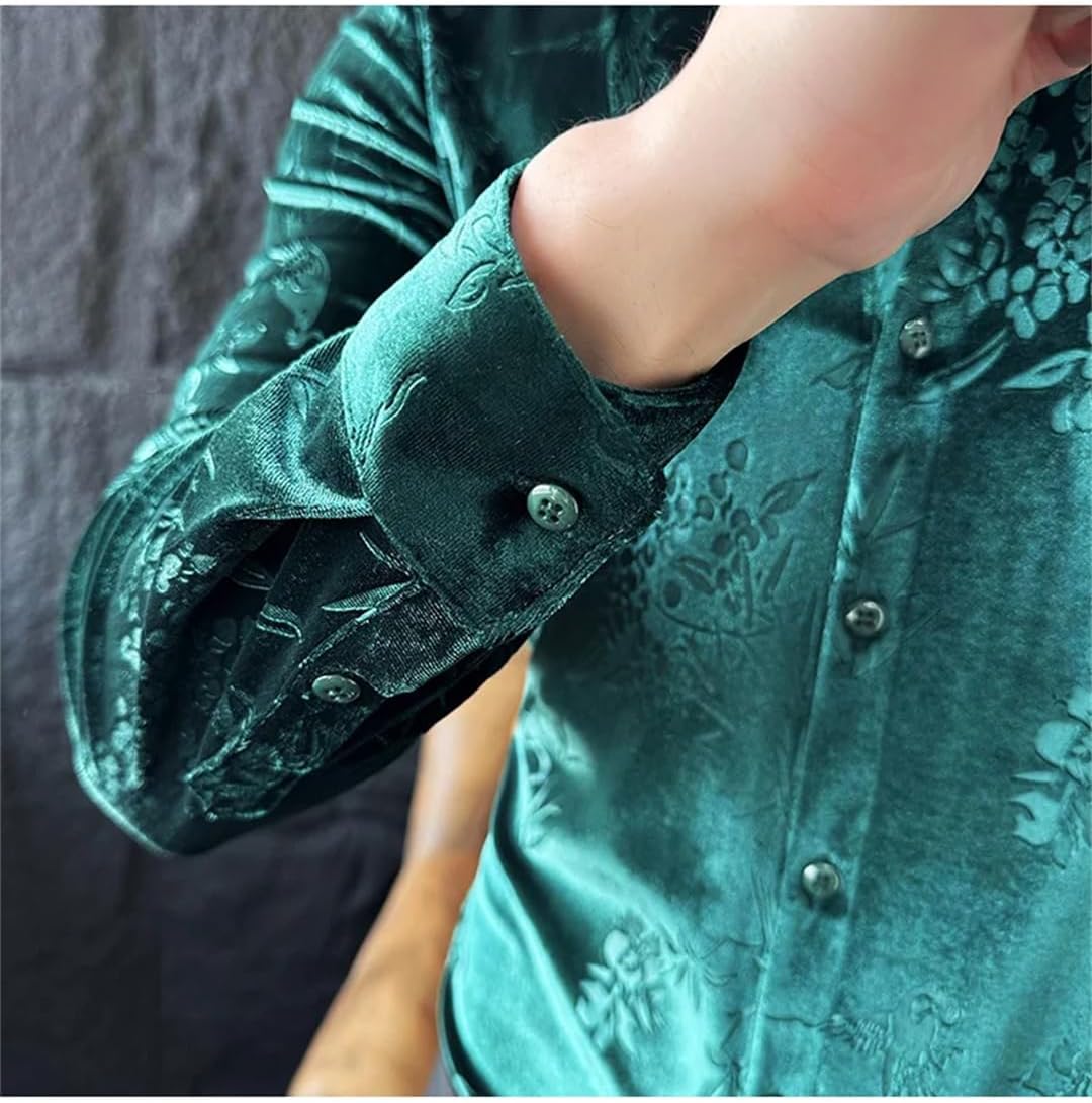 Men's Floral Print Shirt Four Seasons Long Sleeve Fleece Casual Shirt Party Tuxedo Shirt