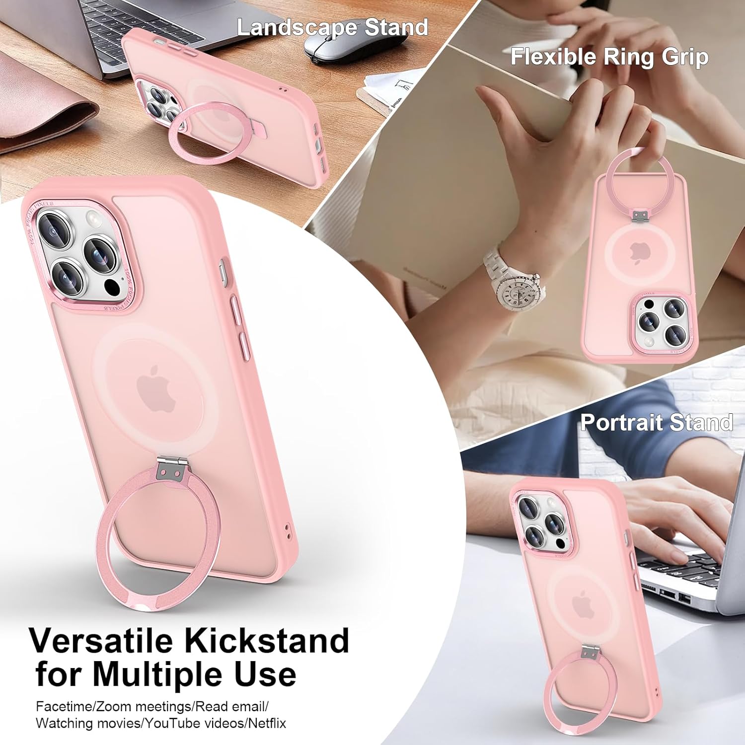 Magnetic for iPhone 14 Pro Max Case with Ring Stand, [10 FT Drop Protection] [Velvety Touch] Slim Translucent Matte Back Shockproof Phone Case for iPhone 14 Pro Max 6.7'', Pink - Image 3