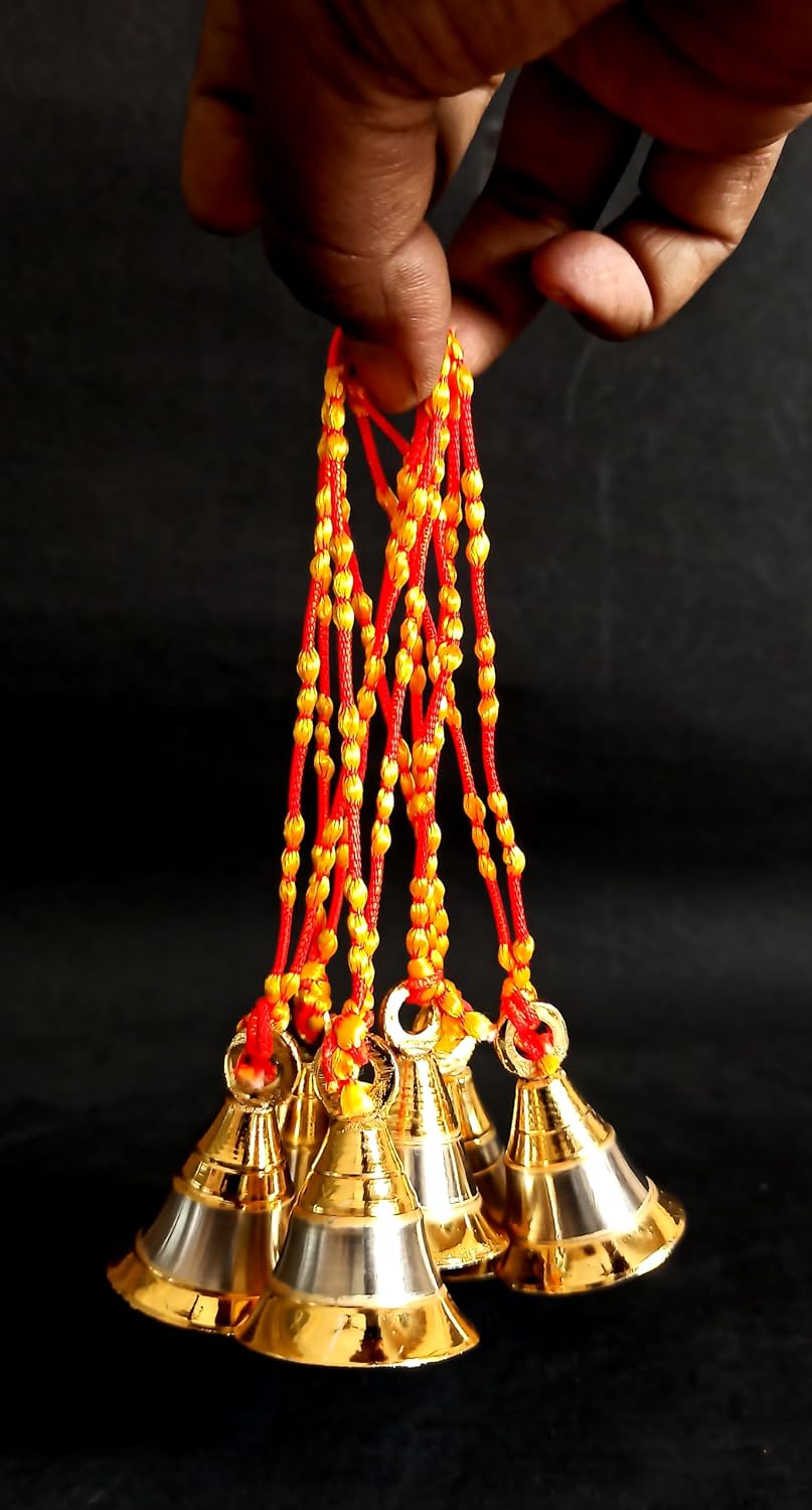 Set of 6 Brass Hanging Bells for Decor Jingle Bell with Rope Handmade Tree Decor Gold Wind Chime, Golden