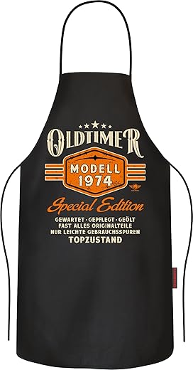Lobo Negro Grillschürze Kochschürze Küchenschürze als Geschenk zum 50. Geburtstag aus reiner Baumwolle – Oldtimer Baujahr 1974 in Topzustand