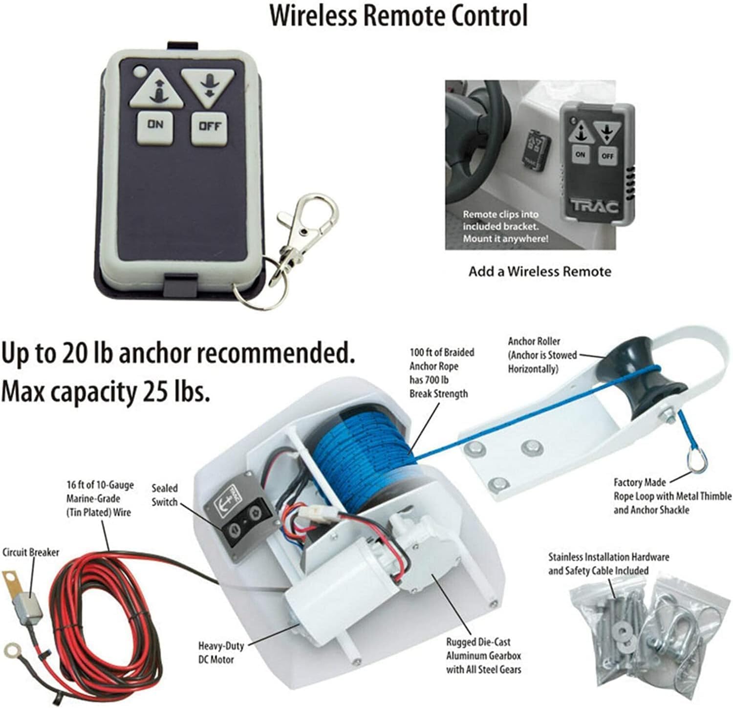 Anchor Winch Kit, 25lbs 12V Electric Windlass for Marine Boating in Freshwater and Saltwater