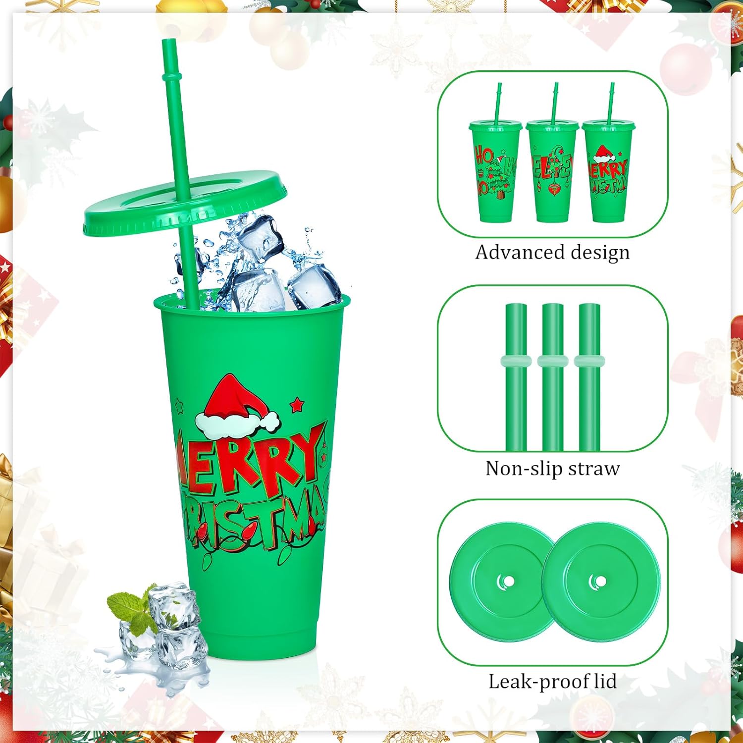 Cinrobiye 12 PCS Christmas Party Favors Xmas Plastic Cups with Lid Straw 24 oz Reusable Plastic Drink Cups Bulk Water Bottle Coffee Mug for Winter Holiday Party Supplies Classroom Gifts (12, Green) - Image 3