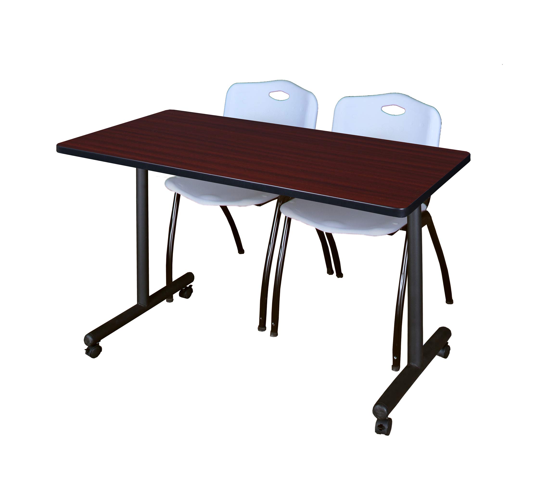 Romig Axis-Pro 48 x 24 in. Mobile T-Base Training Table- Mahogany, 2 M Stack Chairs- Grey