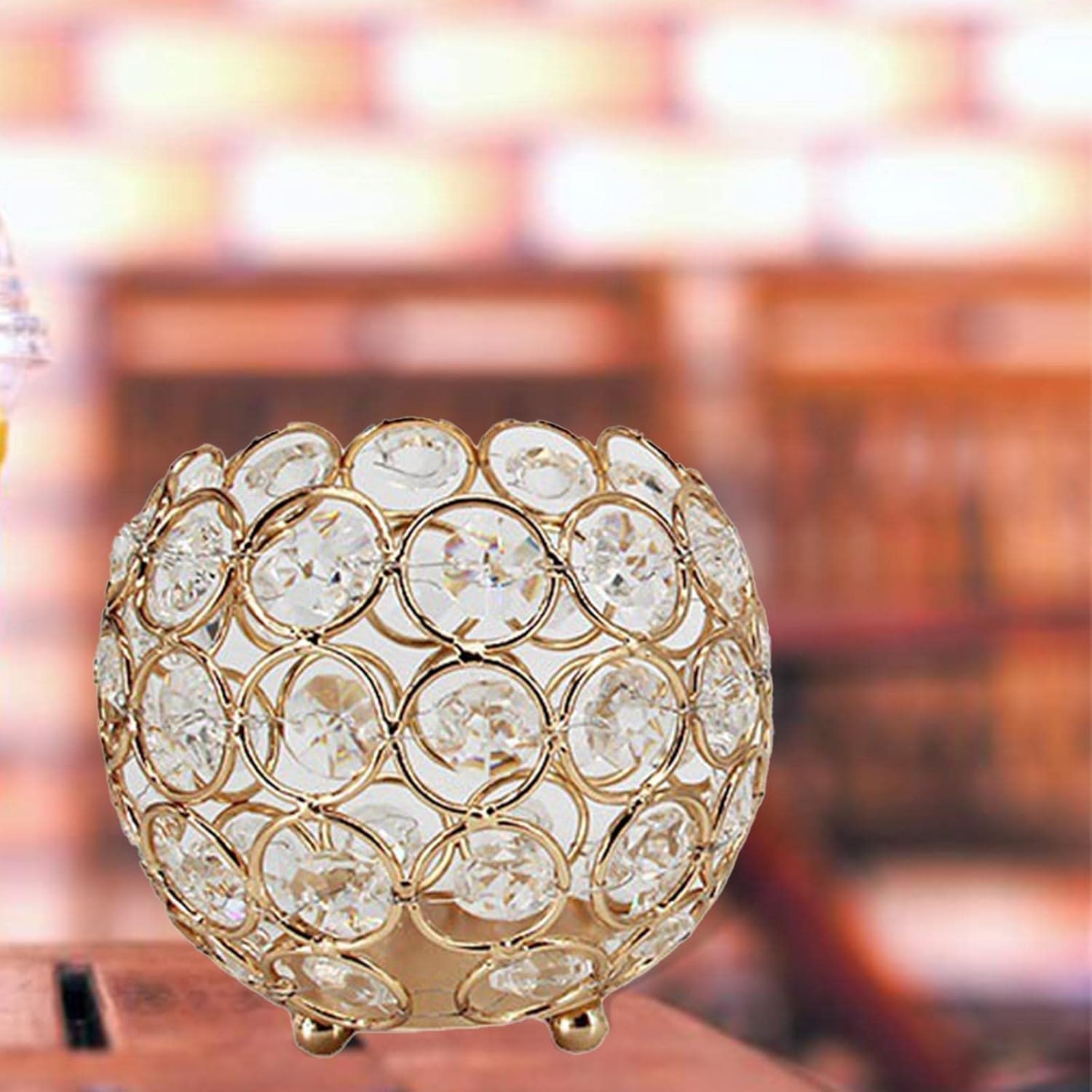 Ornaments Retro Style Tea Light Candle Holders Decoration Tealight Tabletop Crystal Candle Holder for Fireplace Housewarming Christmas Wedding Dinner, Golden 10cm x 9cm Ornament Candlestick