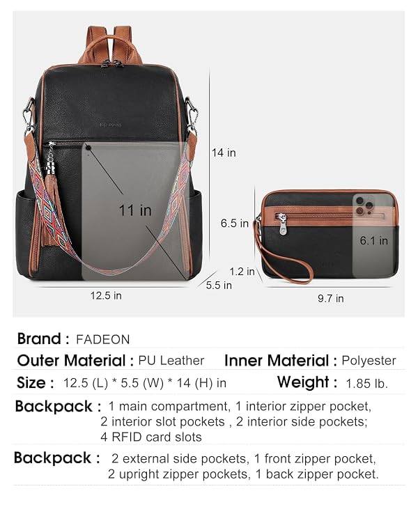 FADEON Leather Backpack Purse for Women, Designer Carry on Backpacks with Wallet, Convertible Daypack Handbag, 2pcs set by FADEON - Used condition - US$41.72