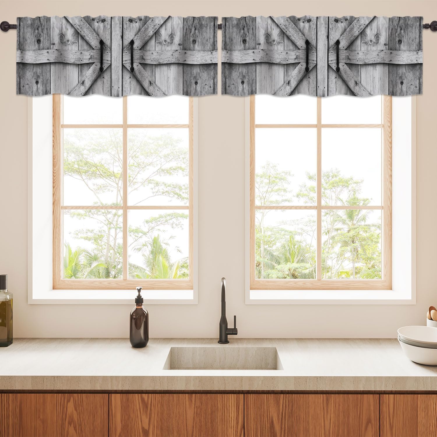 Barn Wood Door Valance Curtains for WindowsVillage Farm Rural Country Modern Rod Pocket Decorative Window Valance for Kitchen Bathroom Bedroom Living Room Closet, 54x18 Inch - Image 4