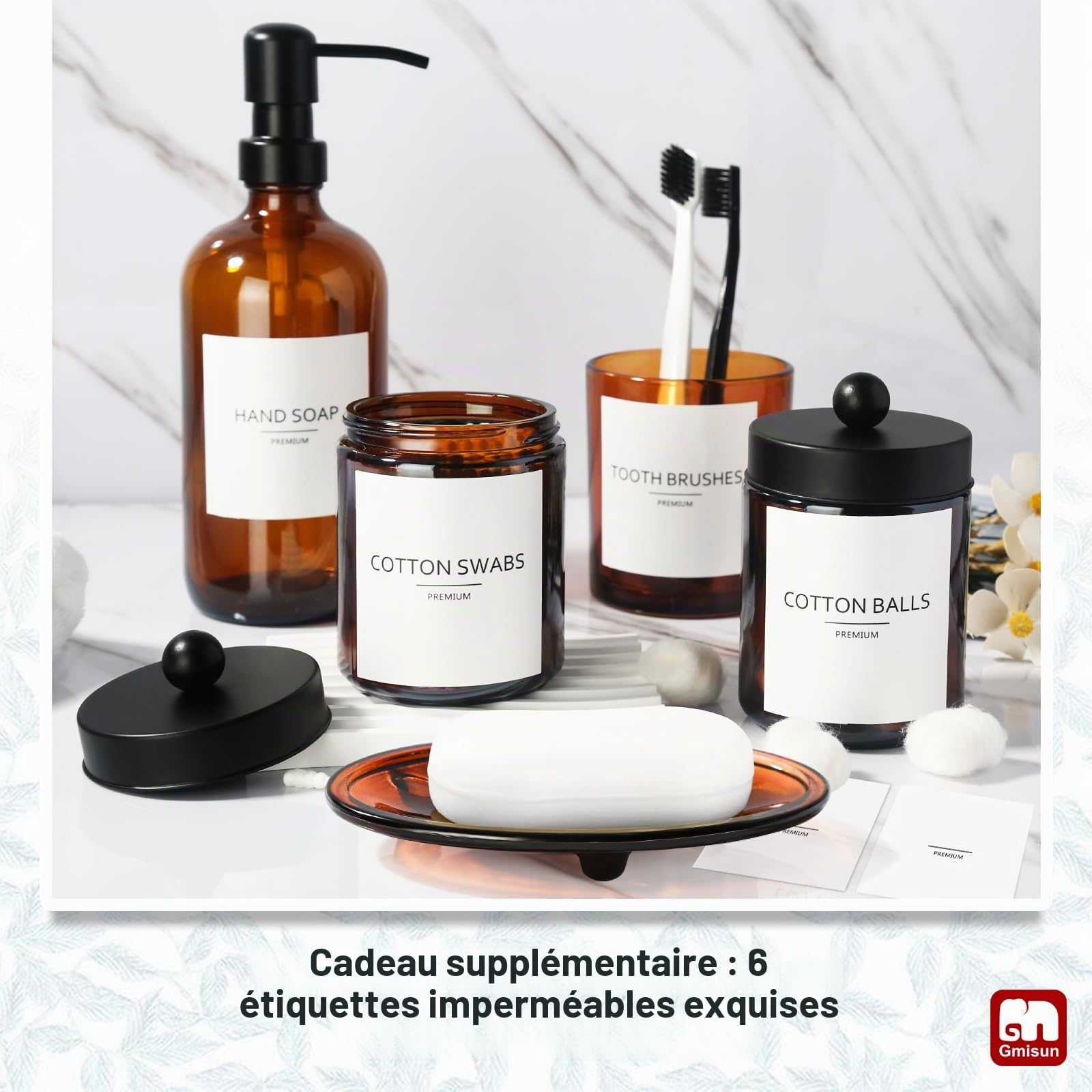 GMISUN Lot de 5 accessoires de salle de bain en verre ambré, distributeur de savon marron et porte-brosse à dents, comptoir d'évier avec étiquettes, décoration bain