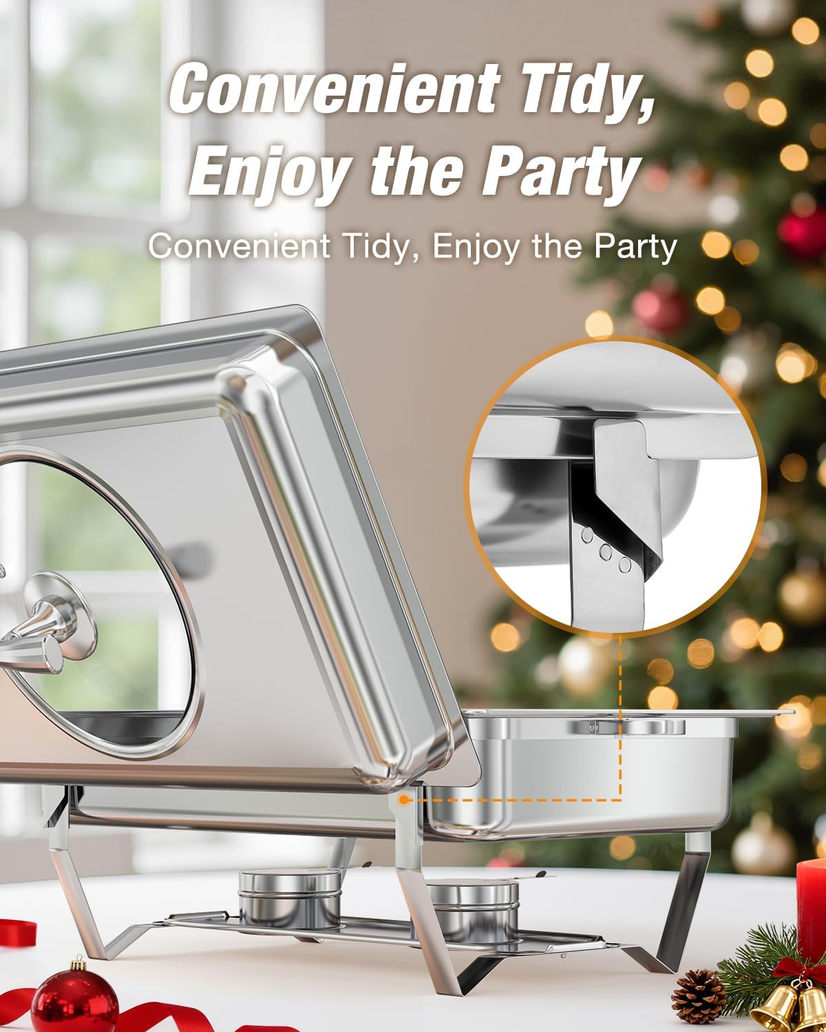 WARMOUNTS Rectangular Chafing Dishes for Buffet with Glass Lid (9QT, 4 Pack), Large Chafers and Buffet Warmers Set w/Mirror-Polished Stainless Steel, Rolled Rim, Lid Holder, Foldable Frame for Party