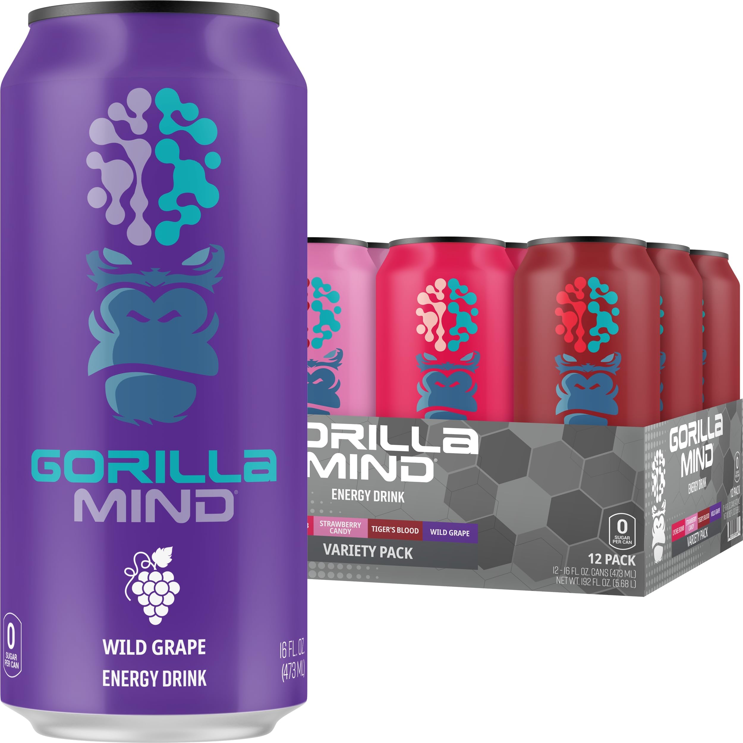 Gorilla Mind Energy Drink | Unmatched Energy · Amplified Focus | N-Acetyl-L-Tyrosine, Alpha-GPC, 200mg Caffeine, Uridine, Saffron | 0 Sugar Or Artificial Colors | 16oz, 12-Pack (Variety Pack #2)