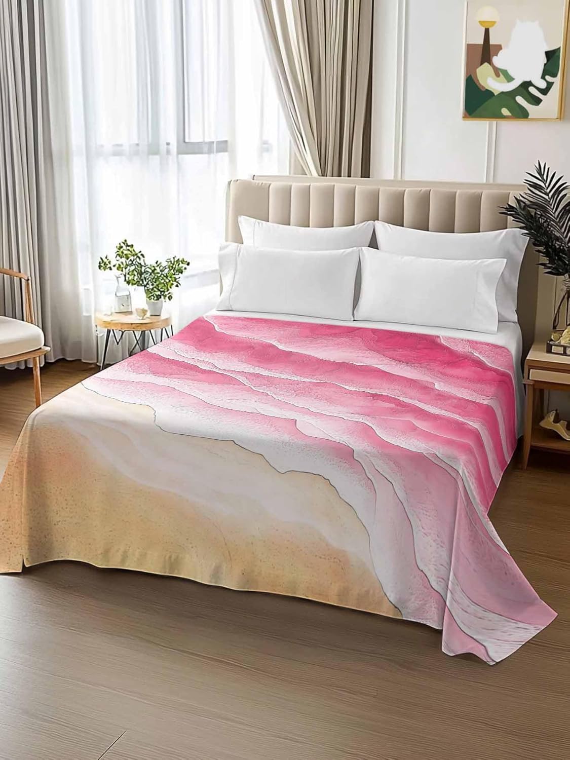 Top Sheet Full Bedding Flat Sheet Only, Pink Gradient Waves Ocean Microfiber Bed Sheets Soft Breathable Bedding Flat Sheets, Summer Beach Coastal Hotel Luxury Top Sheets