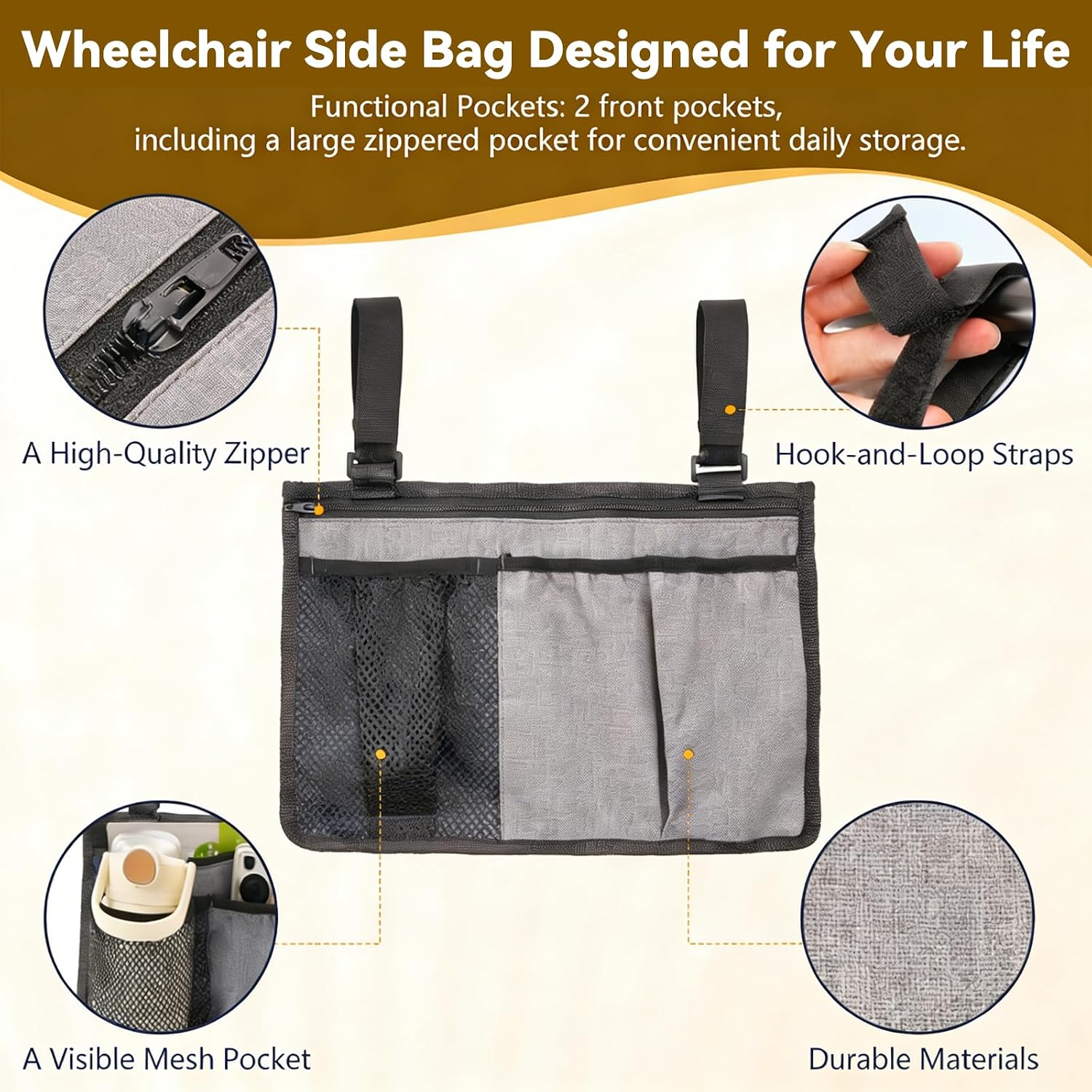Wheelchair Bag Side Storage Pouch with Cup Holder & Phone Pocket, Heavy-Duty Armrest Organizer for Walker, Rollator, Mobility Scooter Accessories(Gray) image 2