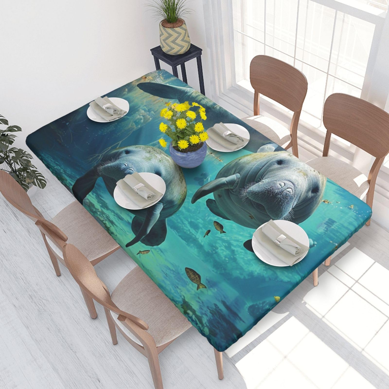 DCARSETCV West Indian Manatees Printed 4FT Waterproof Tablecloth with Elastic Edged Protect & Decor Your Table, Oil-proof Washable Table Cloth Cover for Dinner Picnic Party