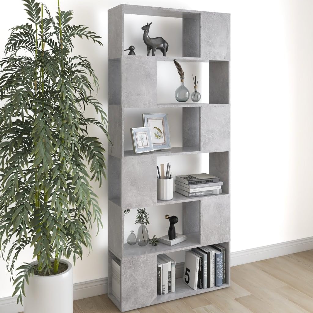 Scaffale separatore per ambienti in compensato grigio cemento 80 x 24 x 186 cm con 6 scomparti spaziosi, libreria versatile per organizzazione e decorazione