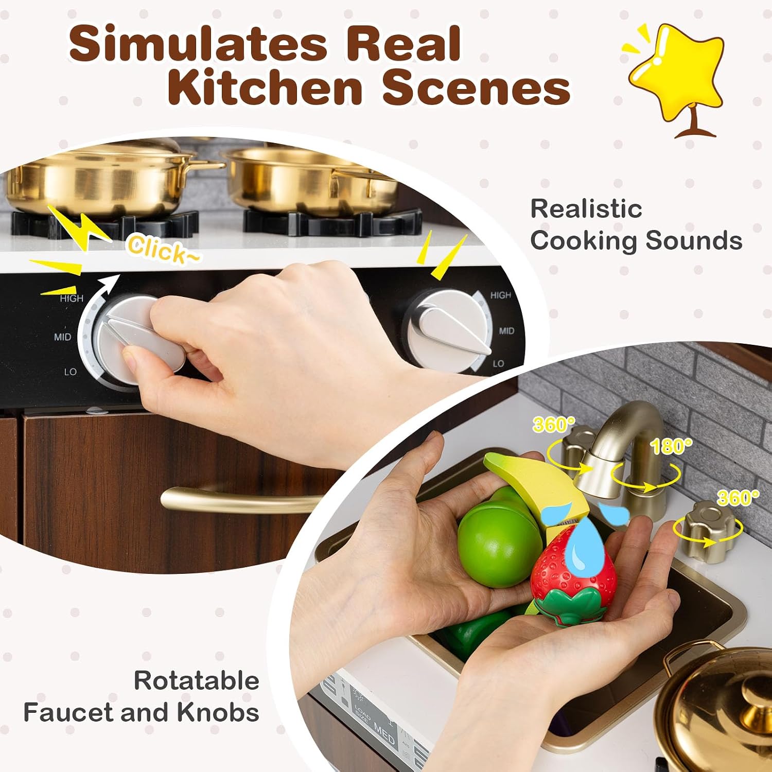 KOTEK Play Kitchen for Kids, Wooden Chef Pretend Toy Kitchen Set w/Oven, Chalkboard, Telephone, Ice Maker, Microwave, Dishwasher, Realistic Kids Kitchen Playset, Gift for Boys Girls 3+ (Brown)