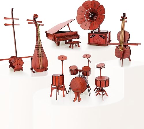 Juego de instrumentos musicales 6 en 1 para adultos con piano, gramófono, kit de batería, violonchelo, erhu y pipa, para decoraciones de madera,