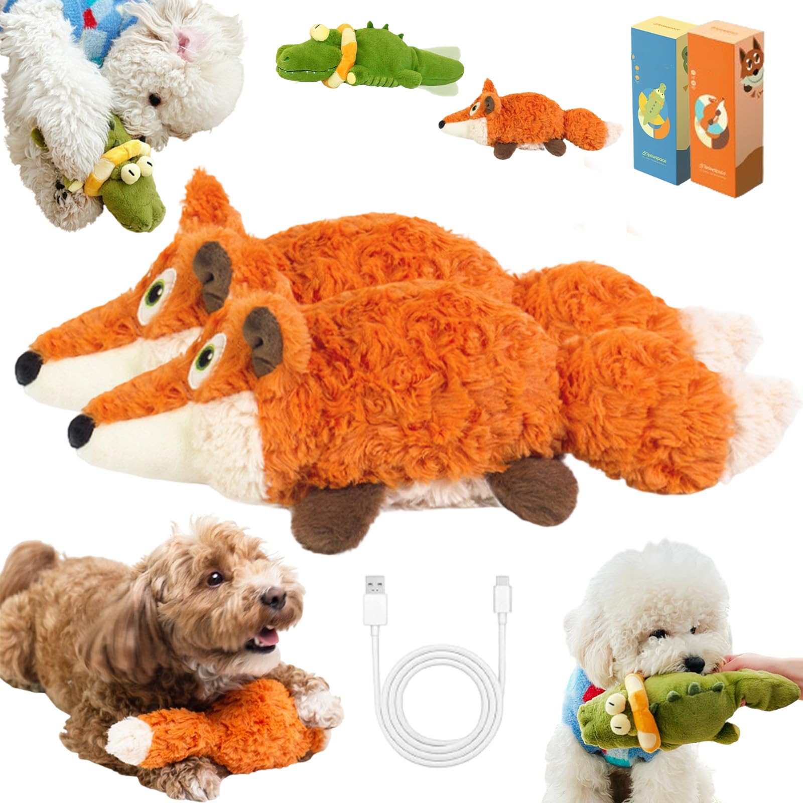 The Dog - Calming Crocodile, Interactive Plush Dog Toy with Automatic Tail-Wagging to Keep Them Busy, Soft & Washable Sicher Kauspielzeug FüR Hunde Und Katzen (Fuchs,2PCS)