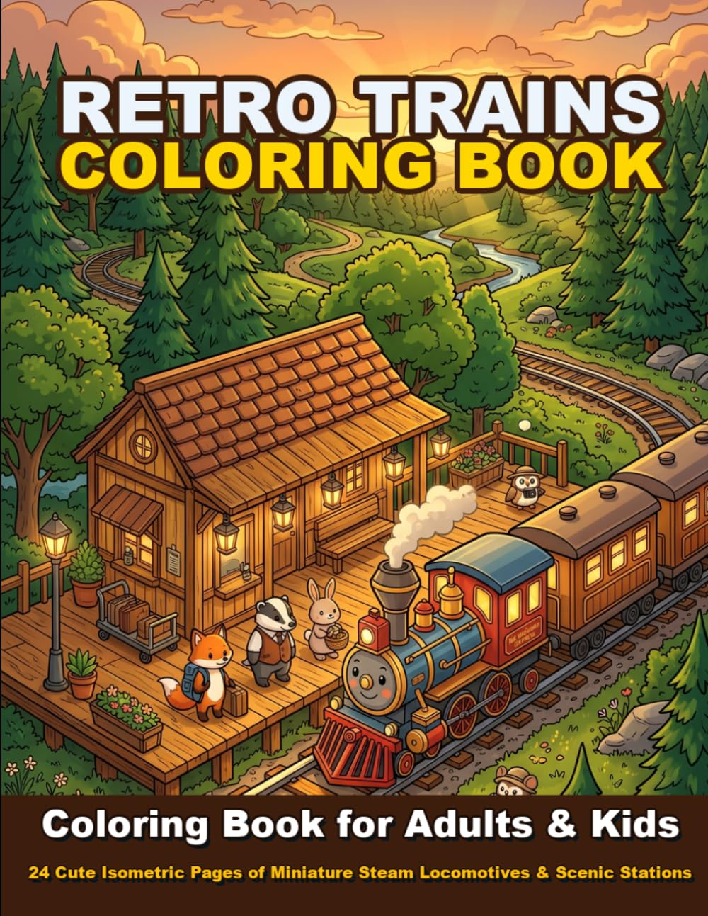 Chibi Retro Trains Coloring Book: 24 Cute Isometric Pages of Miniature Steam Locomotives, Toy Trains, and Scenic Stations for Adults and Kids