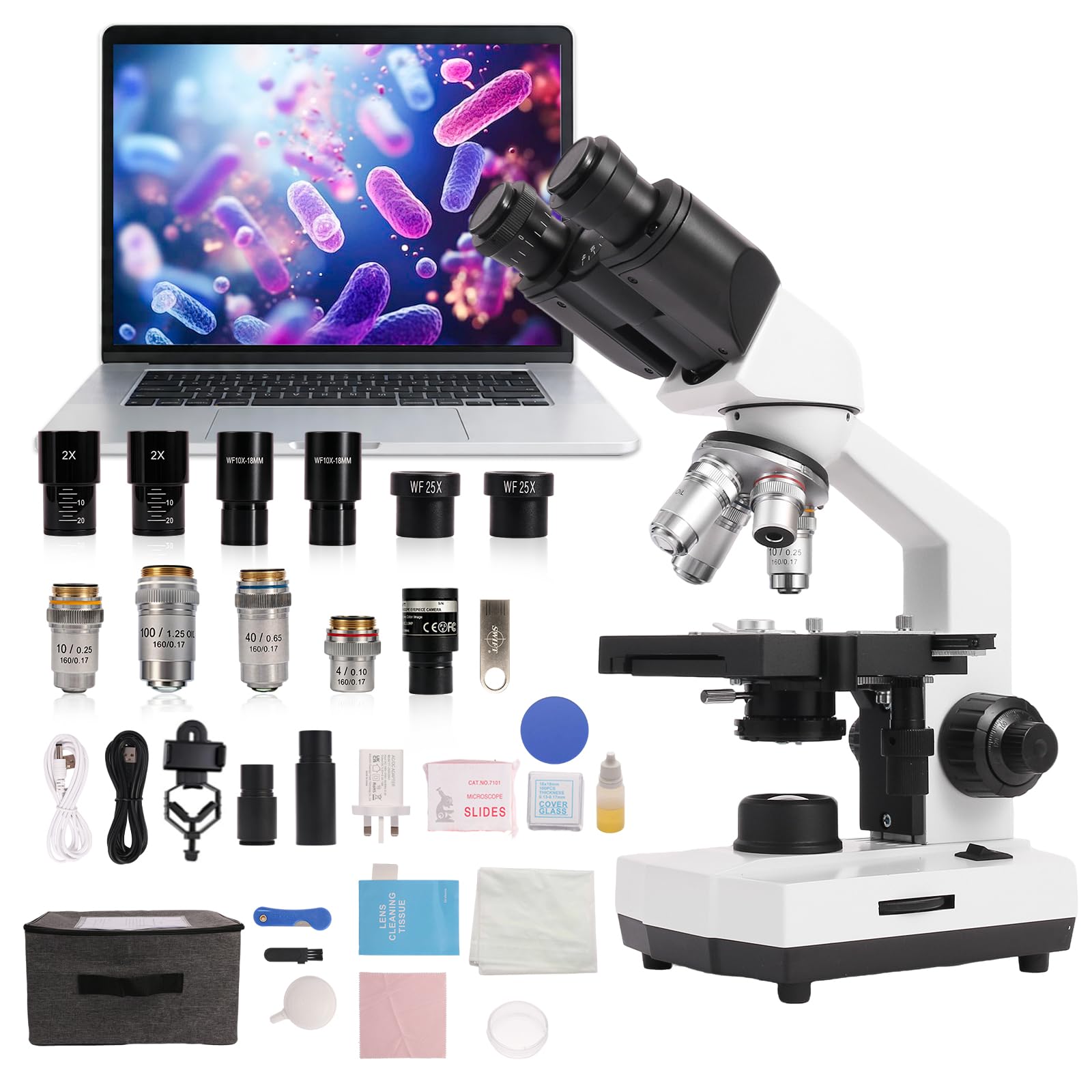 SWIFT SW320B Microscopio binoculare 40X-5000X con fotocamera da 2MP | Microscopio professionale da laboratorio, custodia per il trasporto, supporto per smartphone e accessori per esperimenti