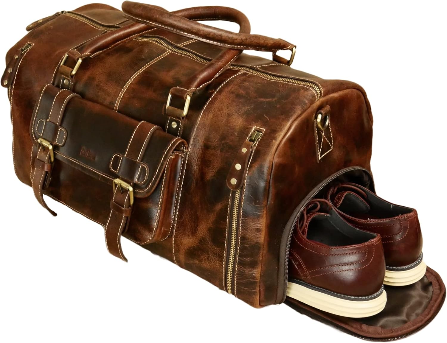 Genuine Full Grain Leather Carry On Travel Bag 21x11x10 with Trolley Straps, Shoe Compartment, Shoulder Strap by De Lira