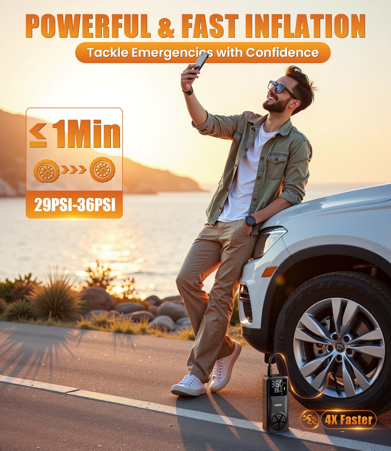 AOSKI Portable Air Compressor: Cordless convenience for on-the-go tire inflation.