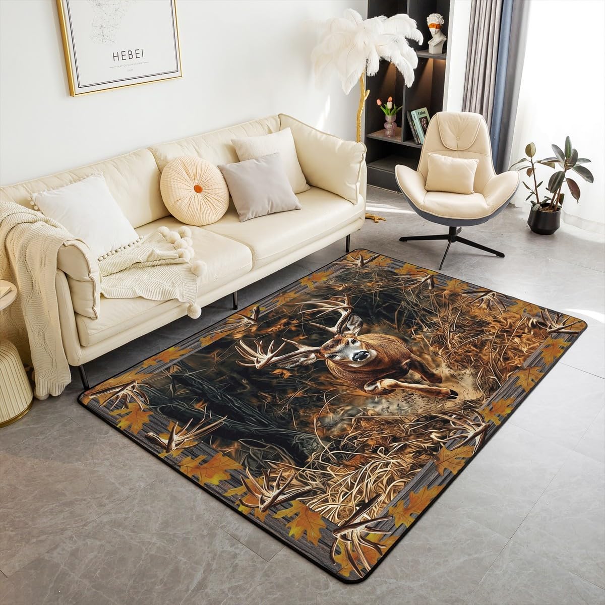 Erosebridal Deer Hunting Area Rug 3x5,Rustic Farmhouse Woodland Maples Fall Leaves Non Slip Carpet,Elk Moose Antlers Deerhorn Indoor Floor Mat,Hunter Western Wild Animal Decorative Washable Rug,Brown