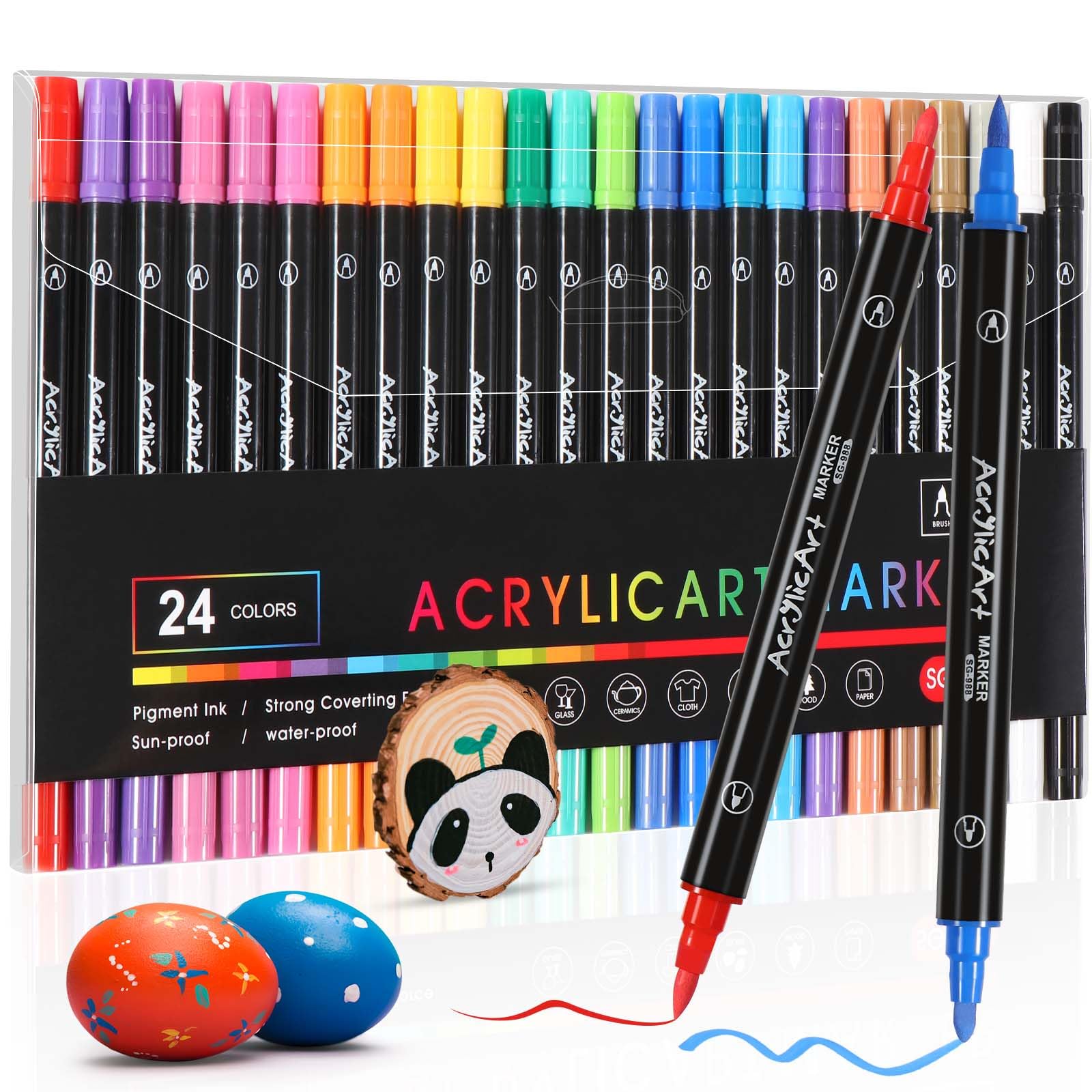 Diboniur 24 Colores Rotuladores Acrilicos, Rotuladores Lettering Doble Punta (Punta Pincel y Media), Rotuladores Permanentes para Pintar, Roca, Cristal, Cerámica, Plastico, Tela, Metal
