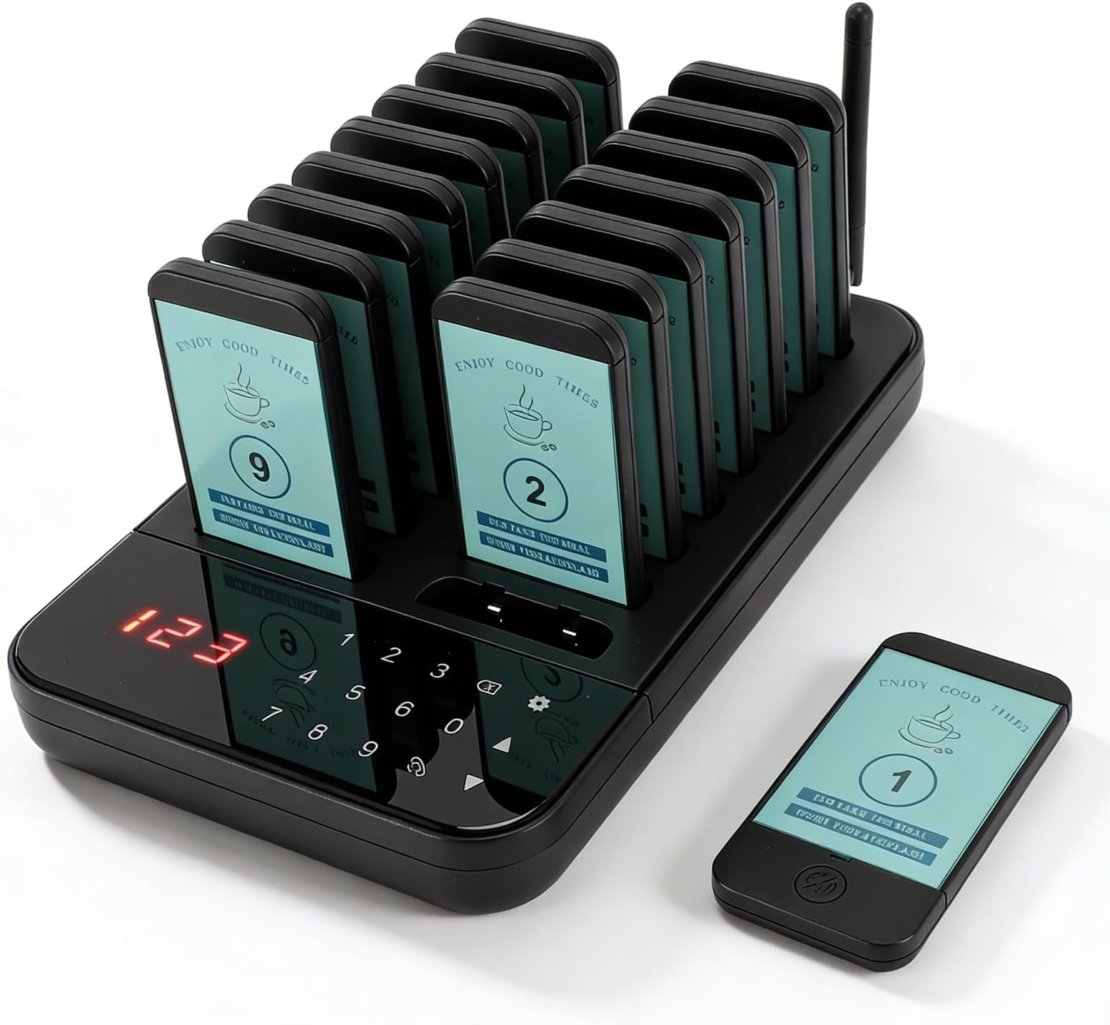 Bewinner Restaurant Pager System, 16 Buzzers, Wireless Calling Guest, Vibration Flashing, 500m Range, for Food Truck, Bars, Food Court