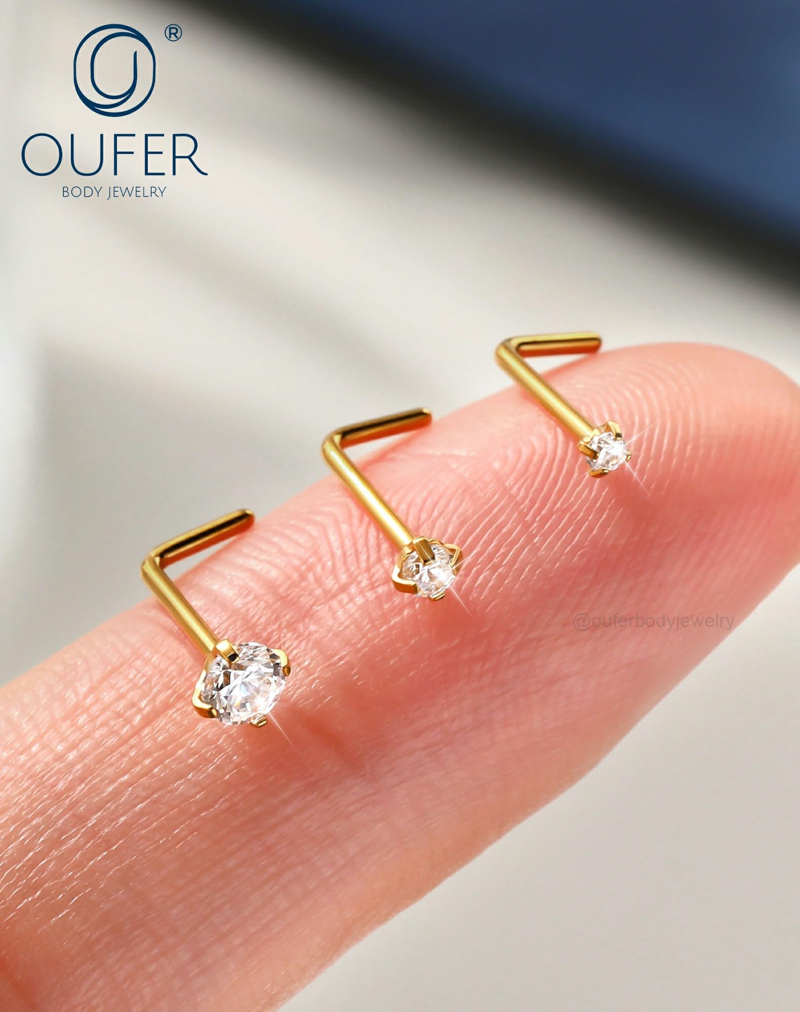 OUFER Body Piercing Nose Studs: 5PCS 20G Titanium Nose Bar L Shaped Nose Rings, 6 mm Gold Nostril Piercing Jewelry Cubic Diamond Thin Body Jewellery for Women — view 6