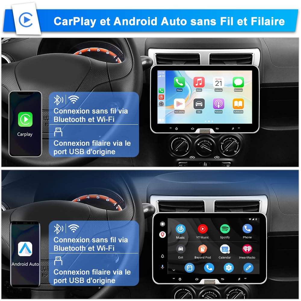 AWESAFE Autoradio 1 Din Universel Android 13 | Écran Tactile Amovible 10,1 Pouces | 2Go+64Go | CarPlay & Android Auto | Caméra de Recul | Bluetooth WiFi | FM RDS | Mirror Link | Autoradio Multimédia