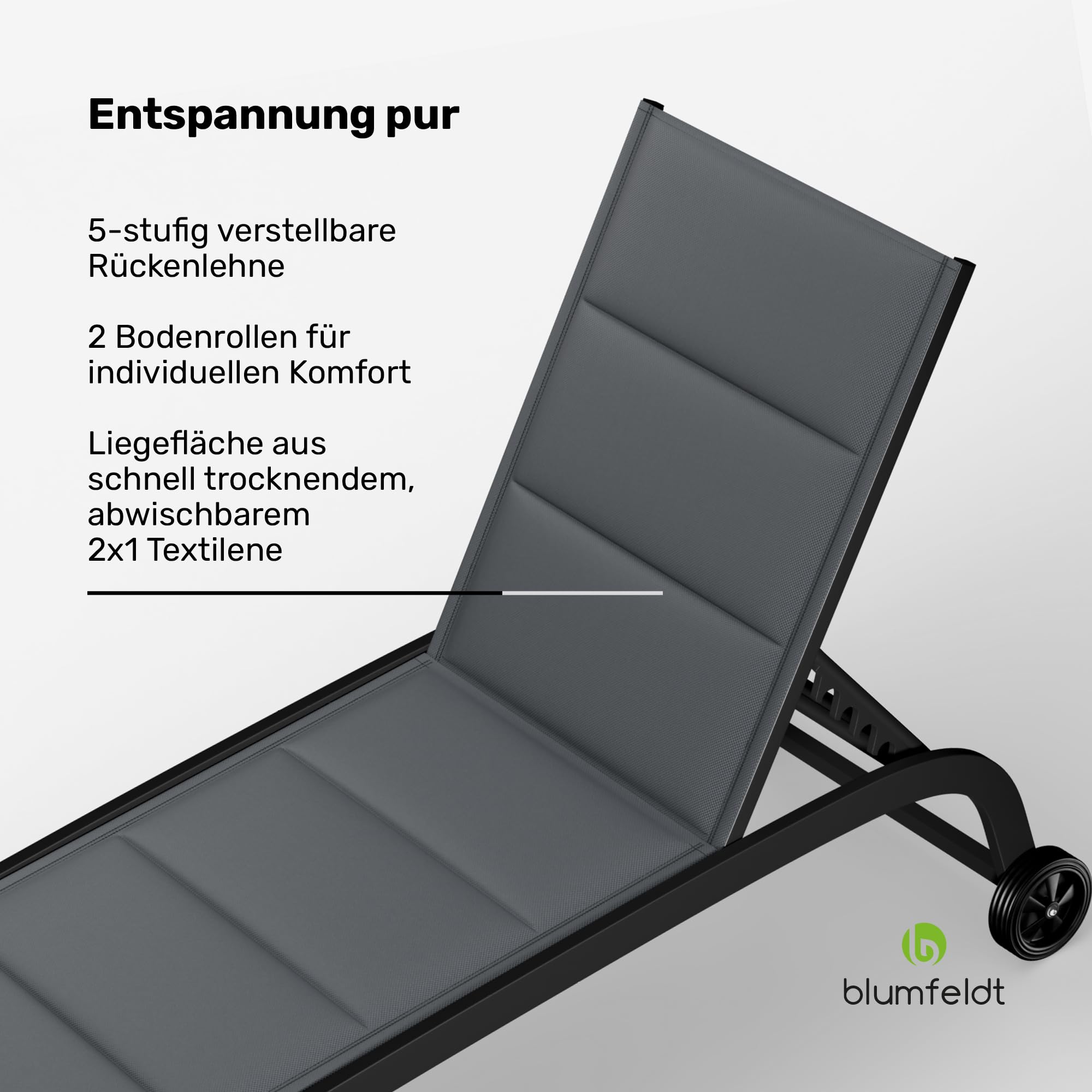 blumfeldt Sonnenliege, Gartenliege mit Verstellbarer Rückenlehne, Liegestuhl mit Rahmen aus Aluminium, Lounger mit wasserfesten Bezügen, mit Bodenrollen, Typ: Limala, schwarz