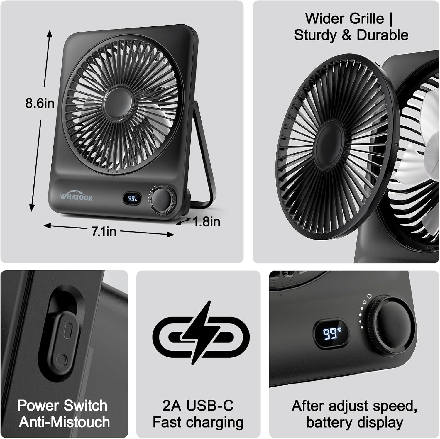 WHATOOK Large Travel Desk Fan: 10000mAh Battery 40 Hours Runtime Silent Rechargeable Fans, Quite Personal Portable Fan for Camping Bedroom Office Small Desktop fan (8.3 * 7.1inch Black)