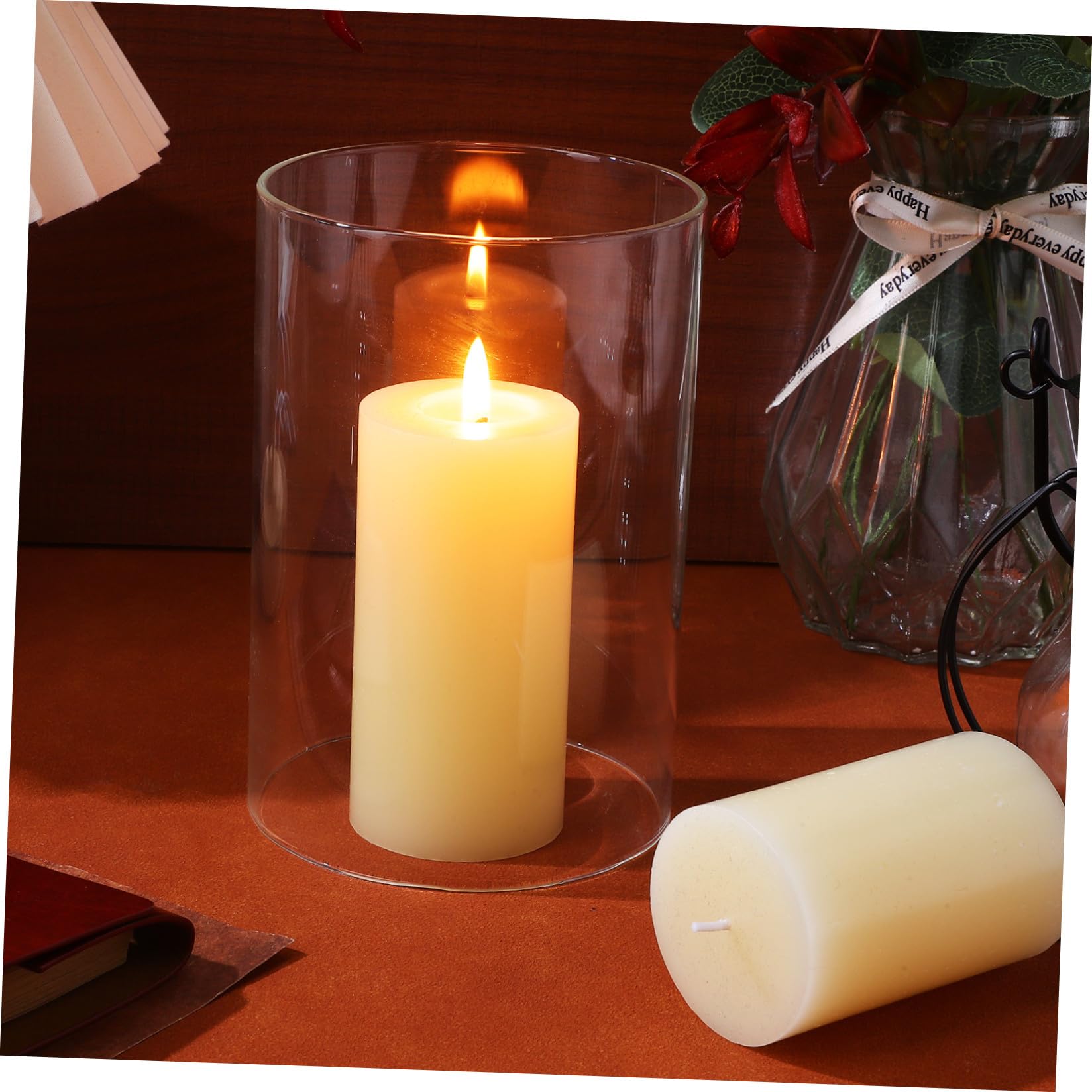 GANAZONO Portacandele Cilindrici in Vetro Trasparente 2 Pezzi 10X15 CM Paralume Antivento per Candele Copertura Verticale per Decorazione Interni e Tavoli