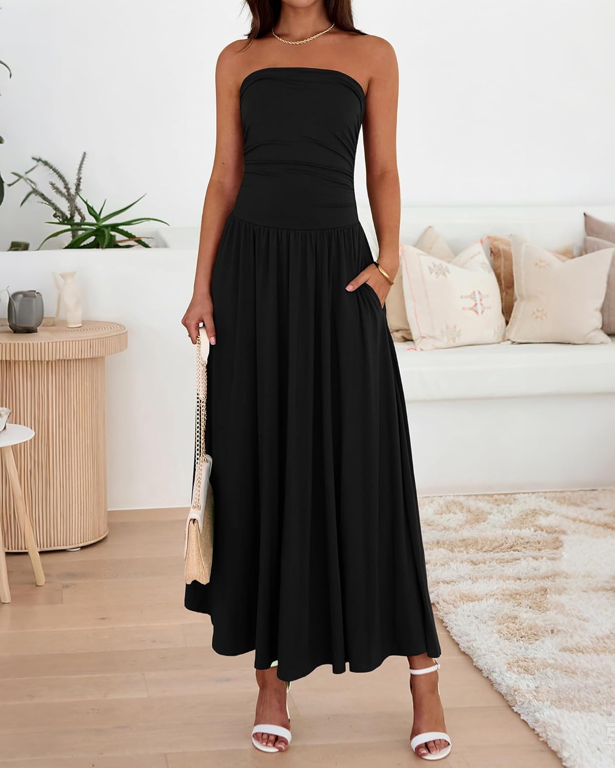 BTFBM Summer Maxi Dresses for Women 2026 Strapless Ruched Tube Top Beach Vacation Spring Wedding Guest Dress Pockets - Image 7