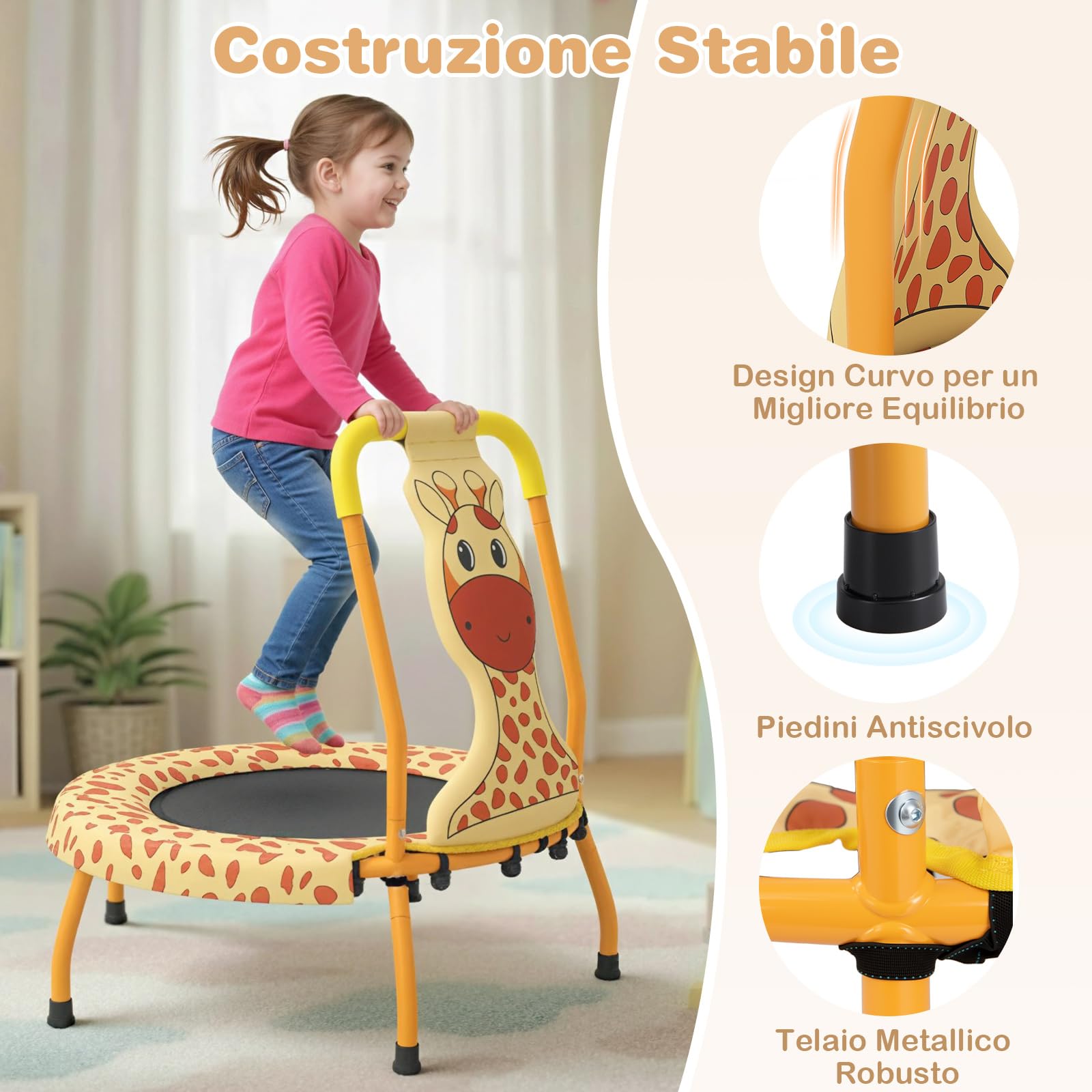 COSTWAY Mini Trampolino per Bambini, Tappetino Elastico da Esterno ed Interno con Maniglia Rivestita, Copertura Imbottita e Cuscinetti Antiscivolo, Salta Salta per Bambini 3-6 Anni