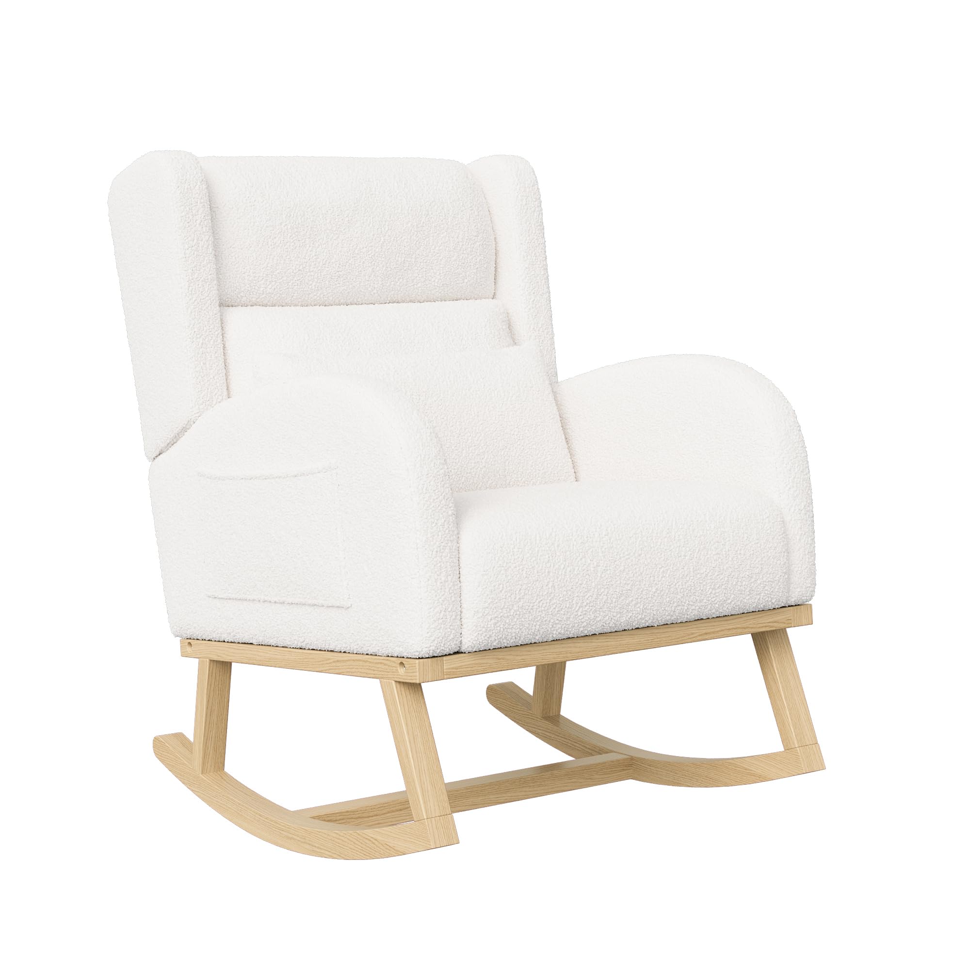 Rocking Chair,Living Room Rocking Chair Interieur,Chaise à Bascule avec Coussin Lombaire, Fauteuil a Bascule Allaitement en Velours Teddy avec Pieds en Bois Massif, Blanc